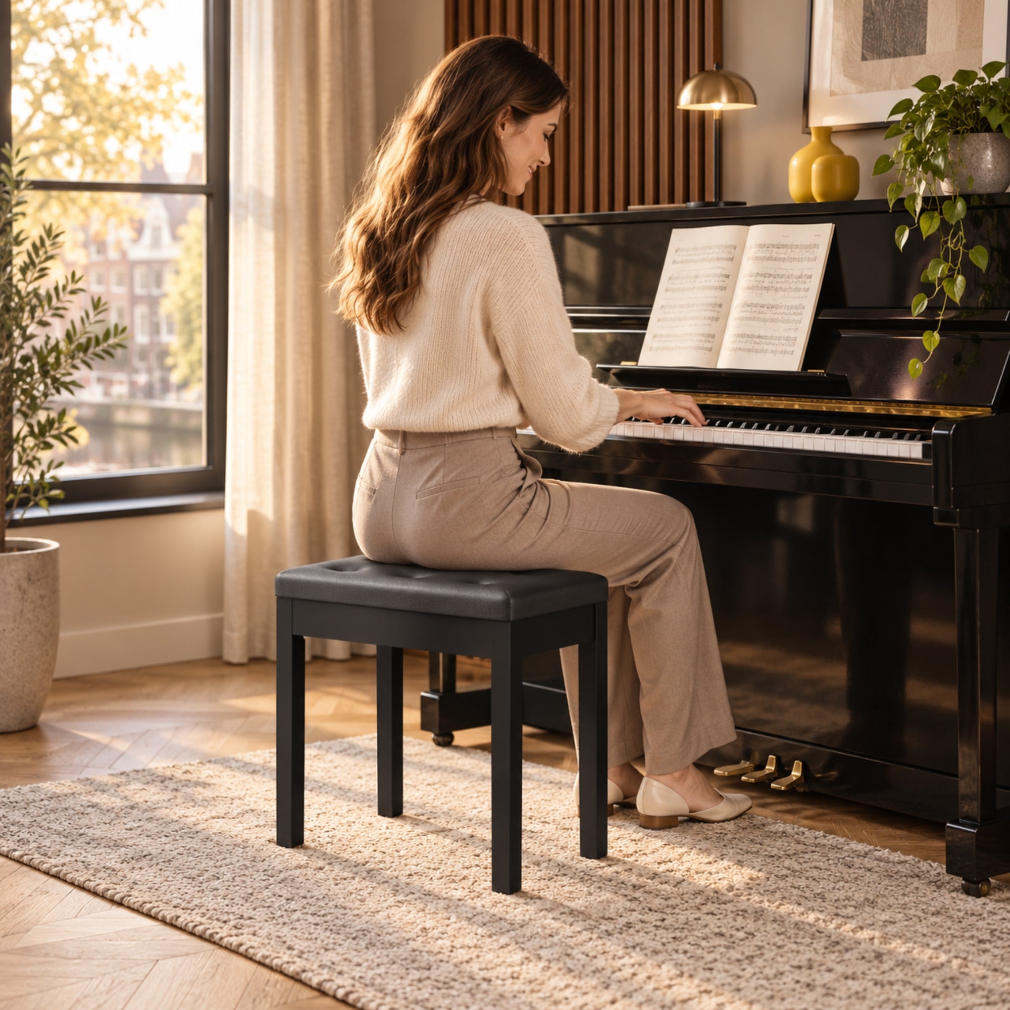 Moderne zwarte pianokruk met opbergruimte voor extra comfort en stijl, robuuste zitting en strak design bij zwart piano model