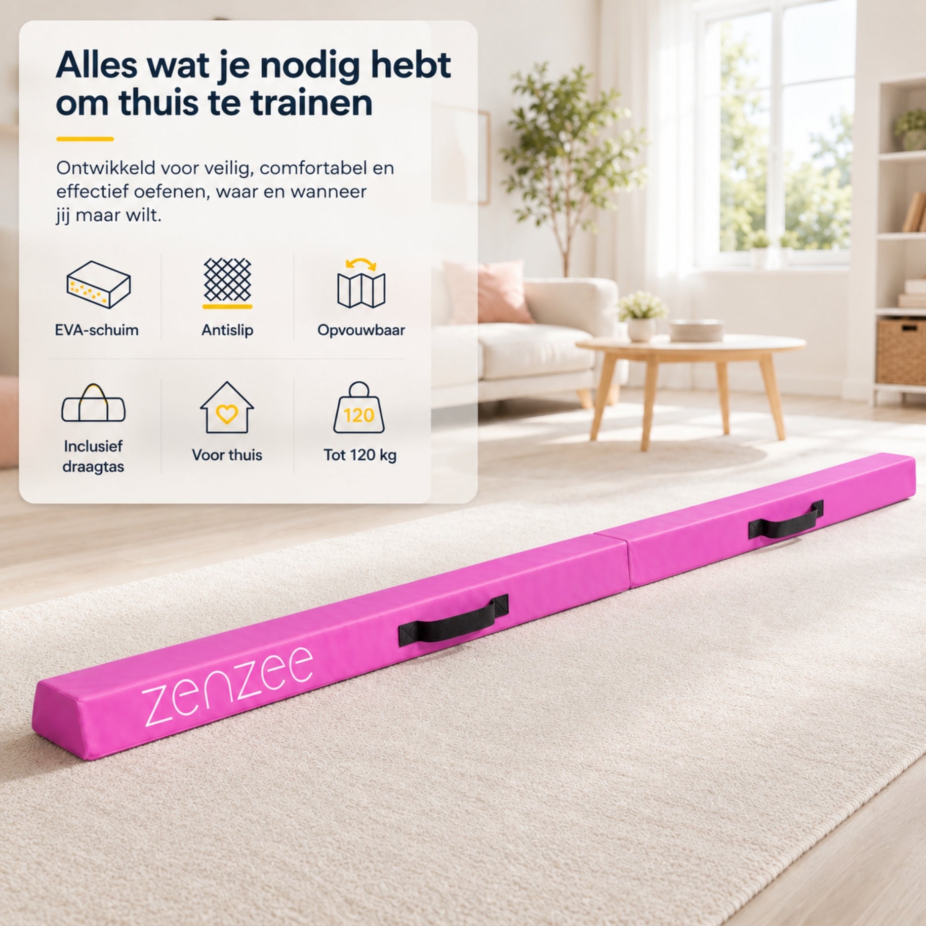 Turnbalk roze 300 cm – balans trainer met draagtas. Ideaal voor thuis | Zenzee