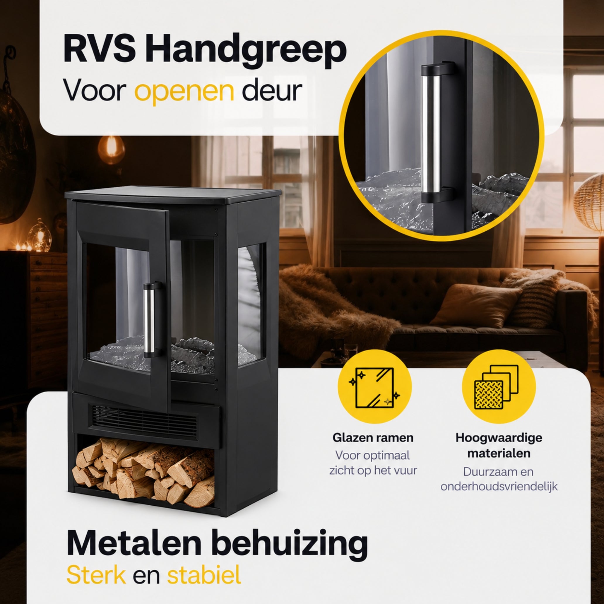 Zwarte elektrische sfeerhaard 1800W – met wifi-app en afstandsbediening | Zenzee