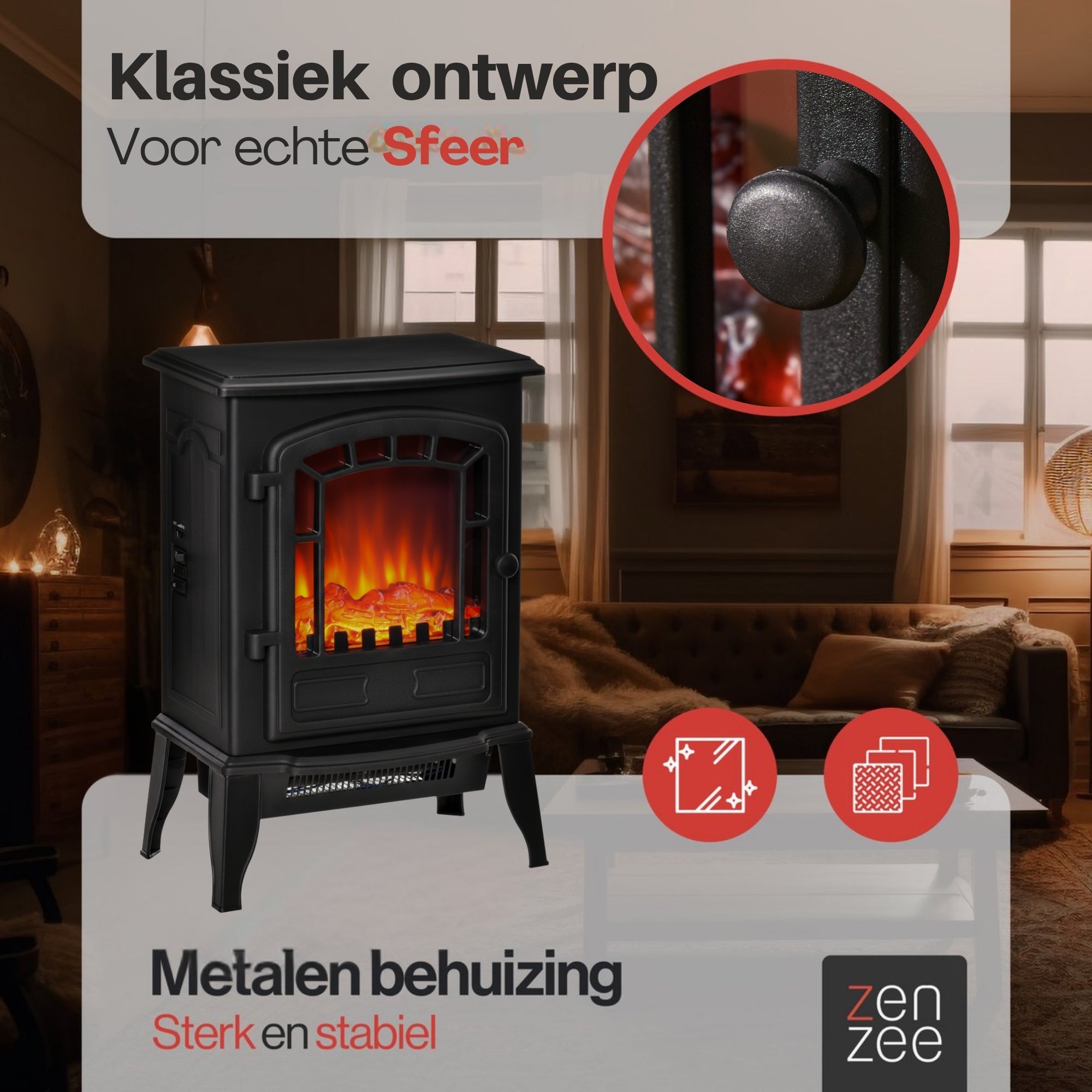 Sfeerhaard Elektrisch Vrijstaand - Elektrische kachel – 1000/2000W Zwart met klassiek ontwerp en duurzame metalen behuizing