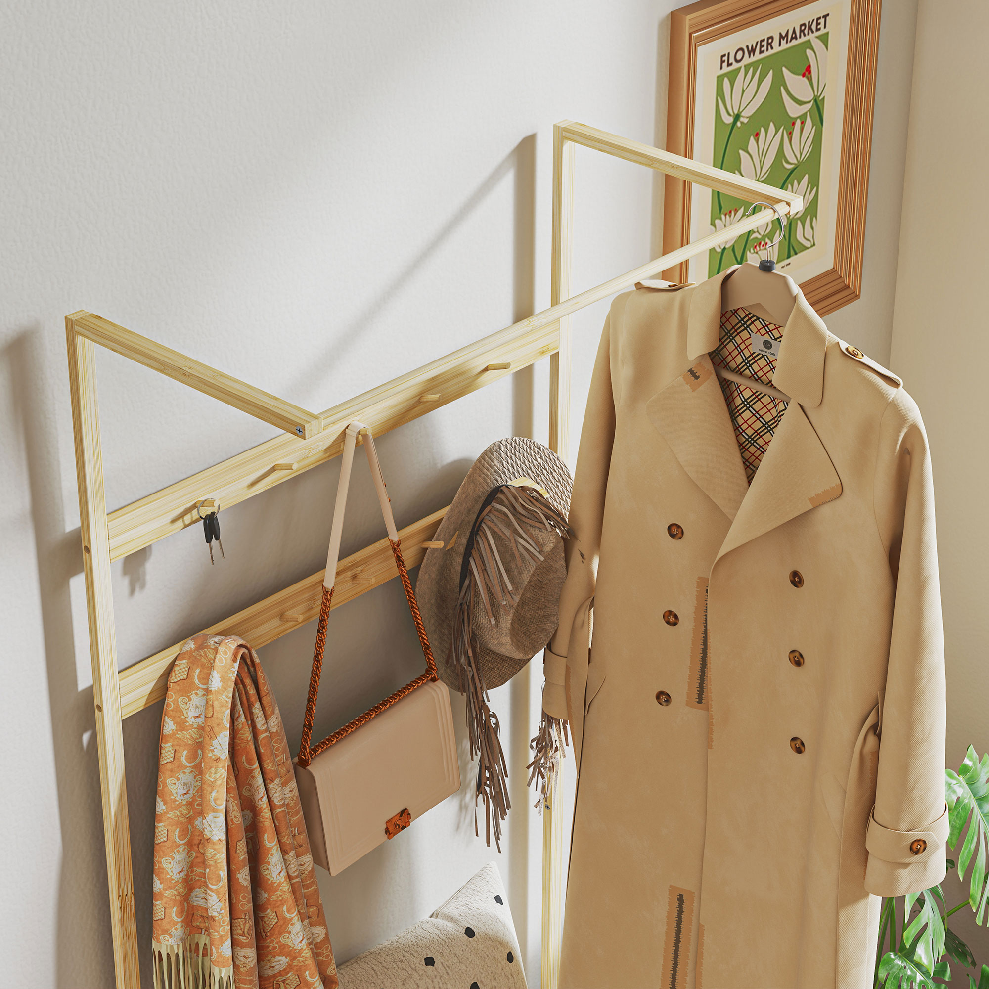 Kapstok garderobe met schoenenrek & zitkussen duurzaam bamboe halmeubel met jas, tas en hoed aan praktische kapstokrail