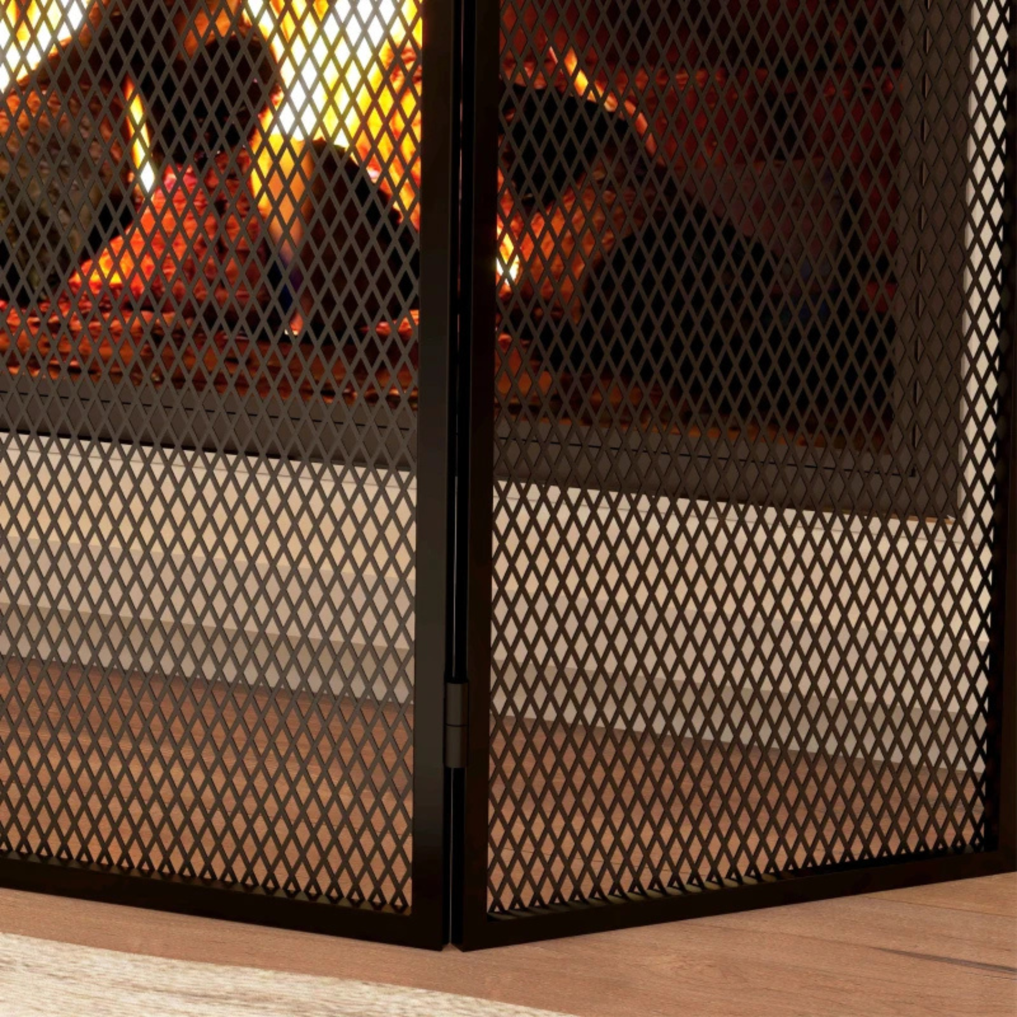Haardscherm zwart 96×60 cm – Opvouwbaar vonkenscherm met visgraatpatroon