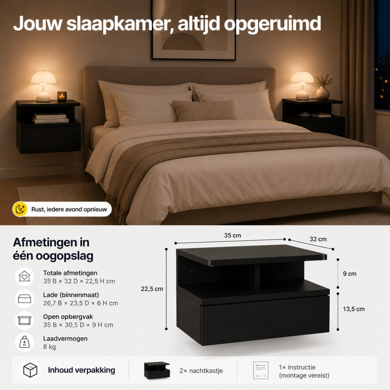 Zwevende nachtkastjes set van 2 met lade en open vak voor slaapkamer zwart | Zenzee