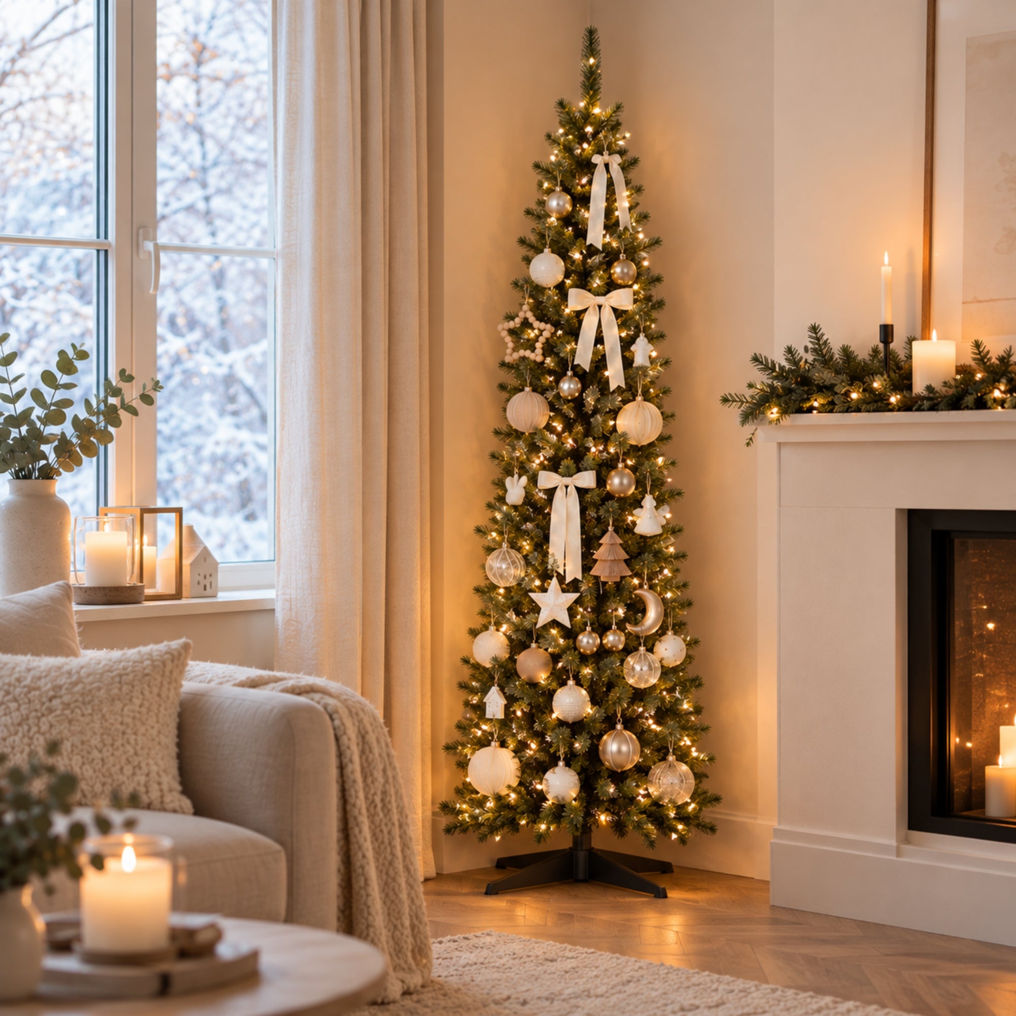 Smalle kunstkerstboom 210 cm – perfect voor kleine ruimtes, groene boom met kerstverlichting en gouden ornamenten