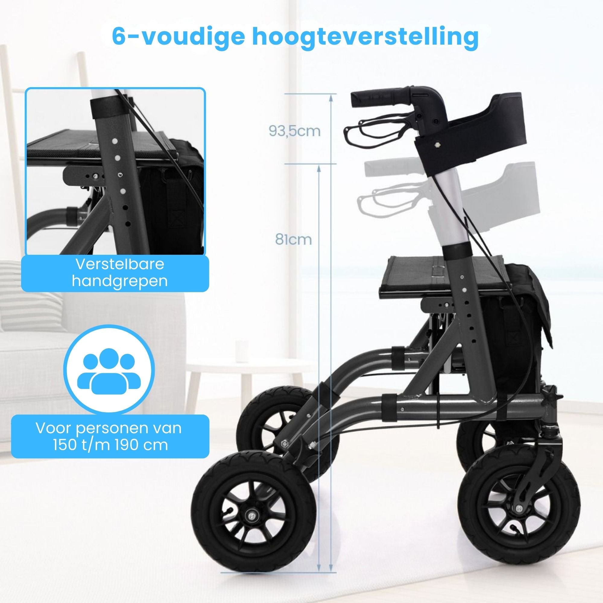 Rollator met all-terrain luchtbanden en comfortabele zitfunctie zwart met 6-voudige hoogteverstelling en verstelbare handgrepen
