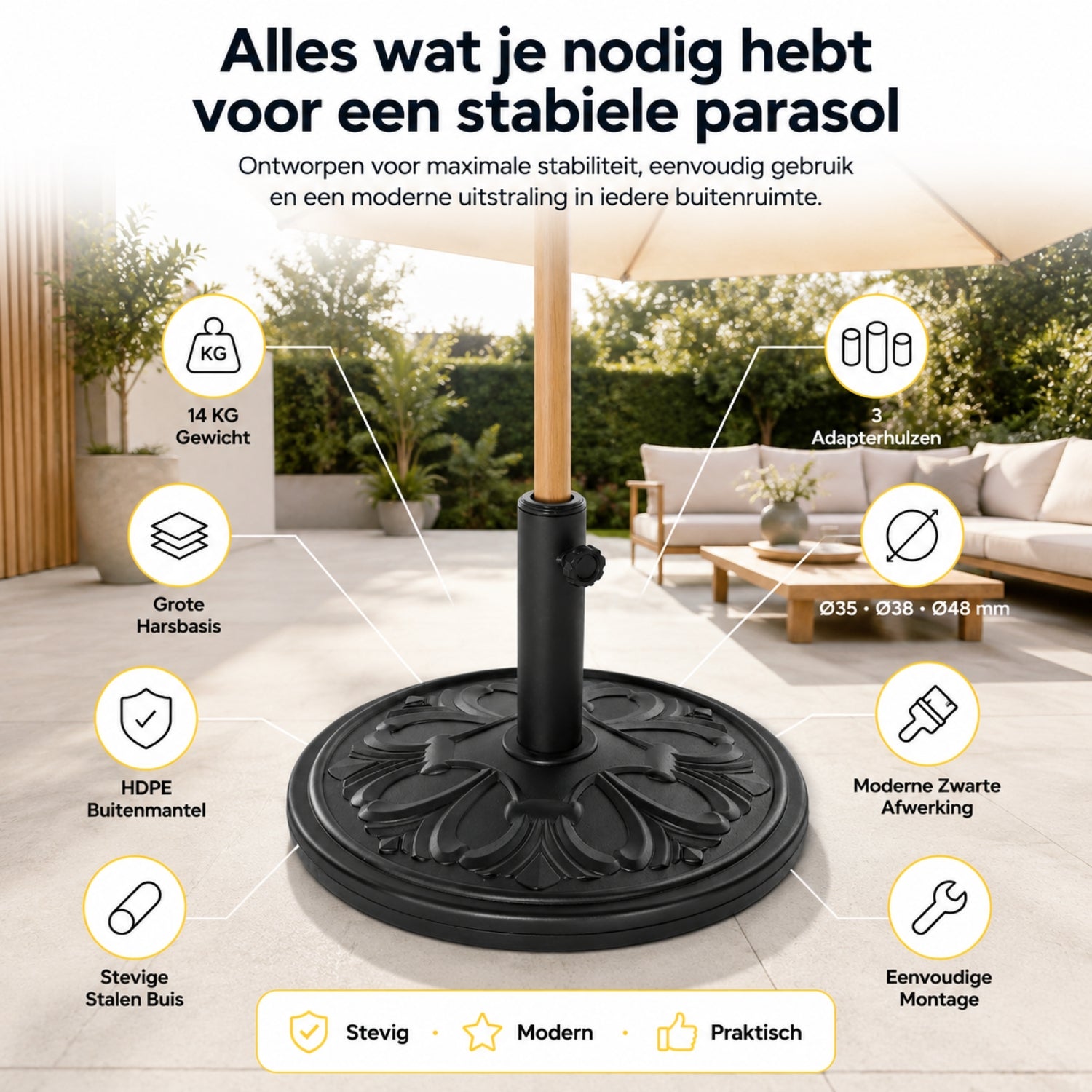 Stevige parasolvoet 14 kg ø48 cm zwart voor compacte en stabiele ondersteuning