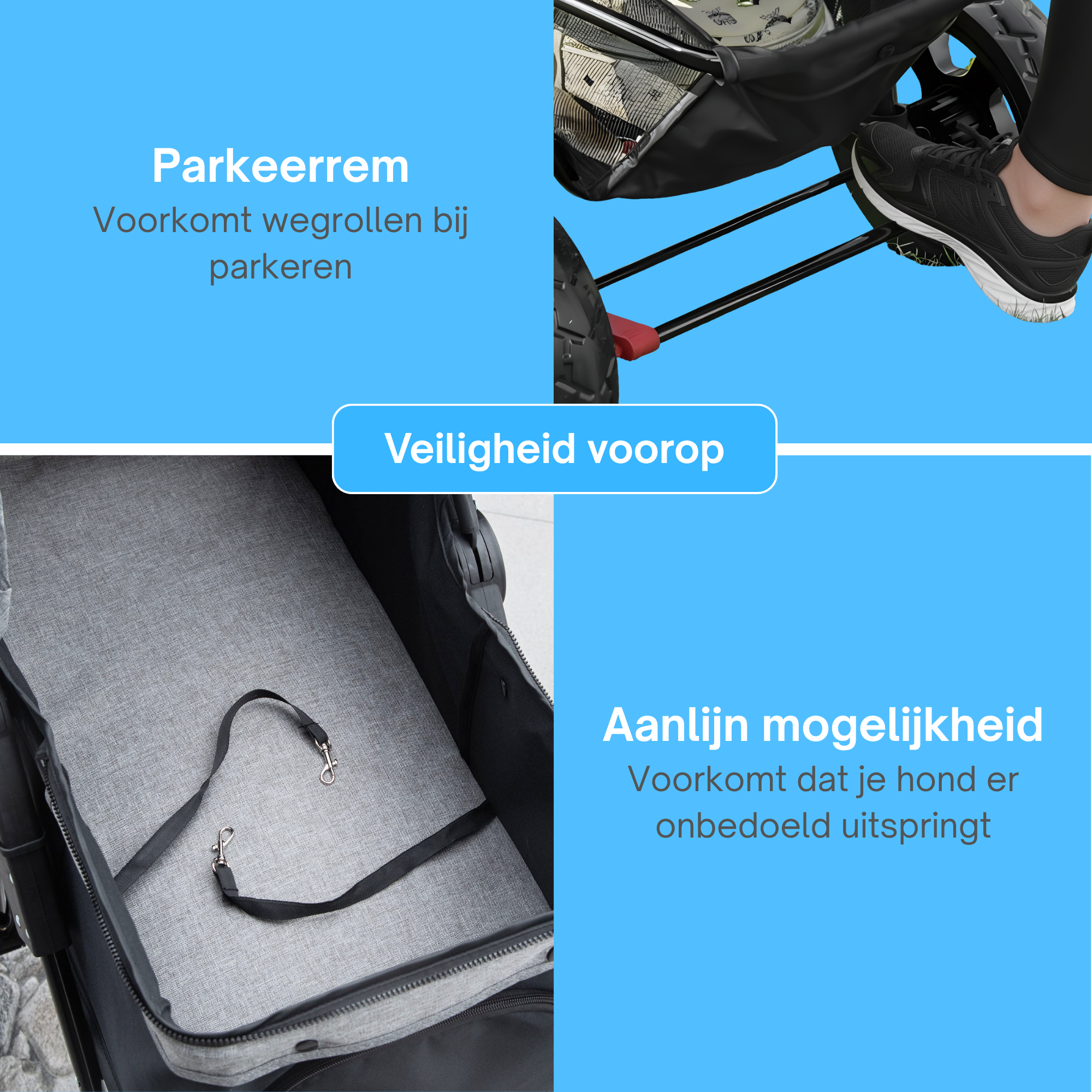 Opvouwbare hondenbuggy met verstelbare kap en opbergruimte – grijs/zwart – veiligheidsparkrem en binnenharnas van Zenzee