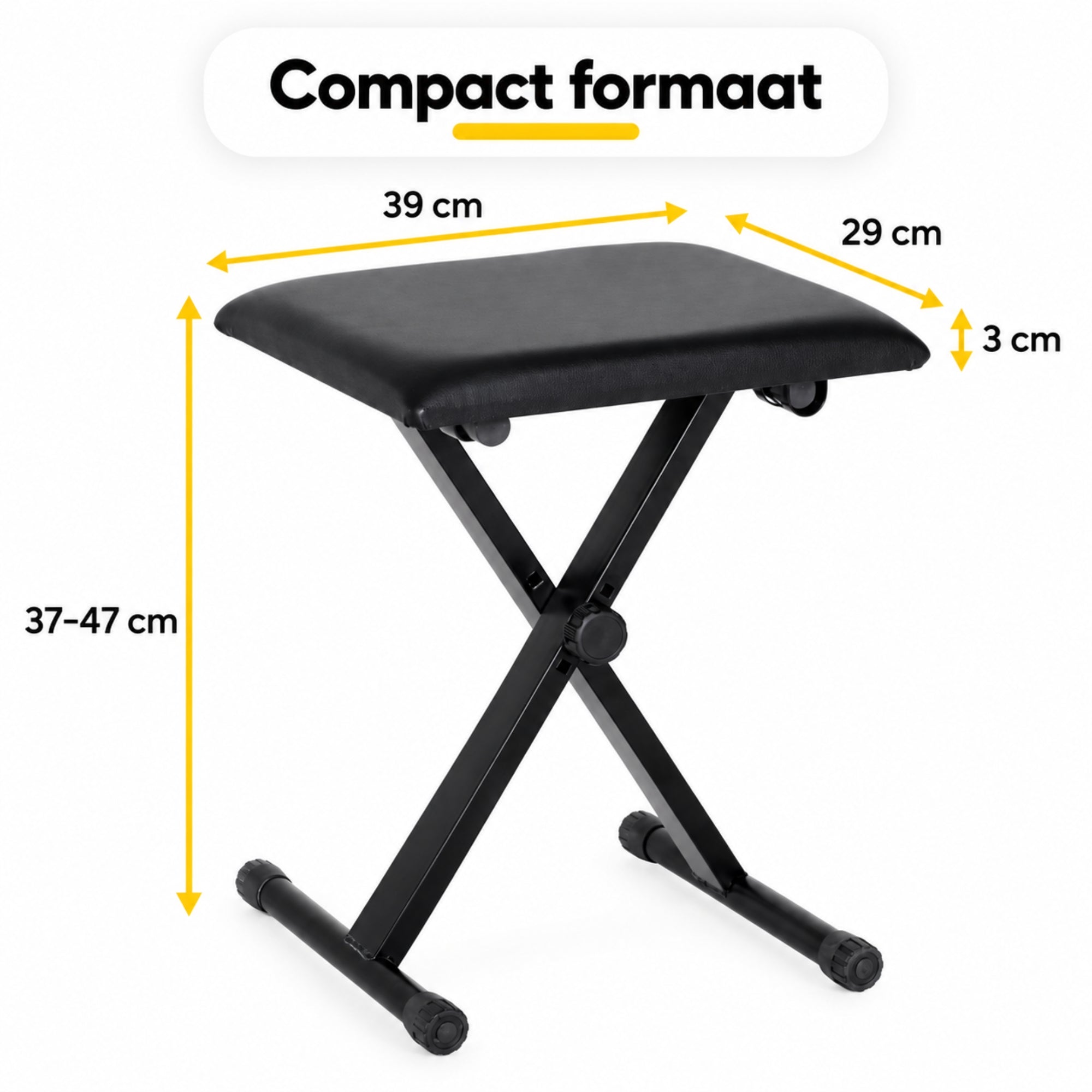 Verstelbare pianokruk met inklapbaar frame – zwart kunstleer – 39×29×37–47 cm met gewatteerde zitting en stabiel X-frame