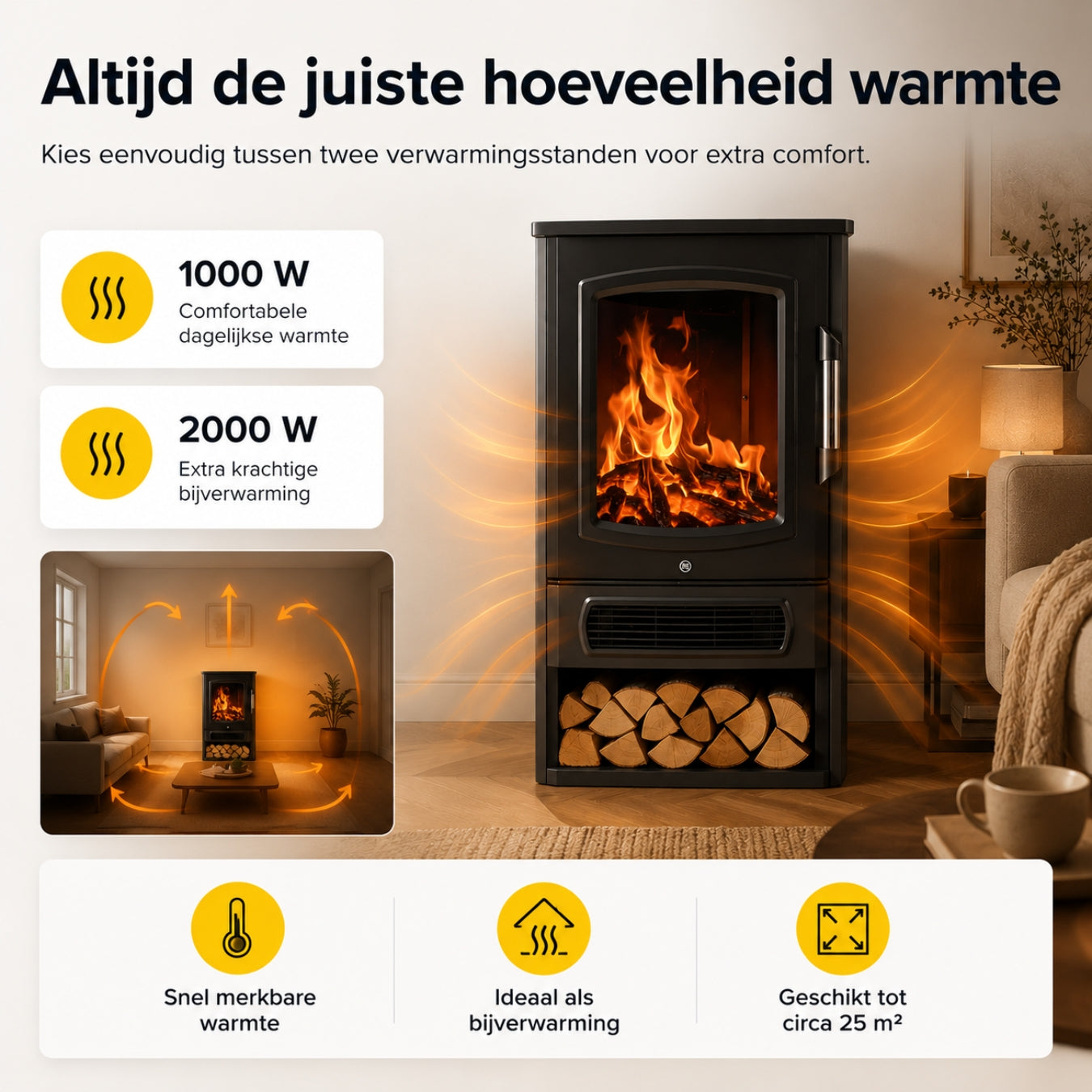 Vrijstaande elektrische sfeerhaard zwart – 2000W met realistisch vlameffect | Zenzee