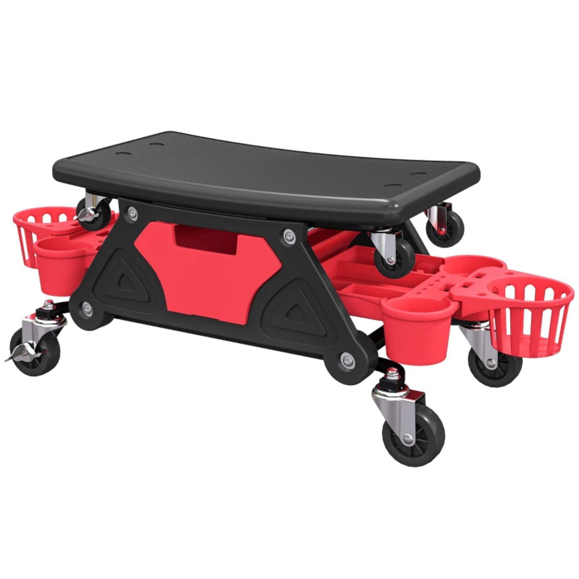 Ergonomische zadelkruk werkplaatskruk op wielen 86×33 cm met opbergbakken en wendbaar design voor handige mobiliteit