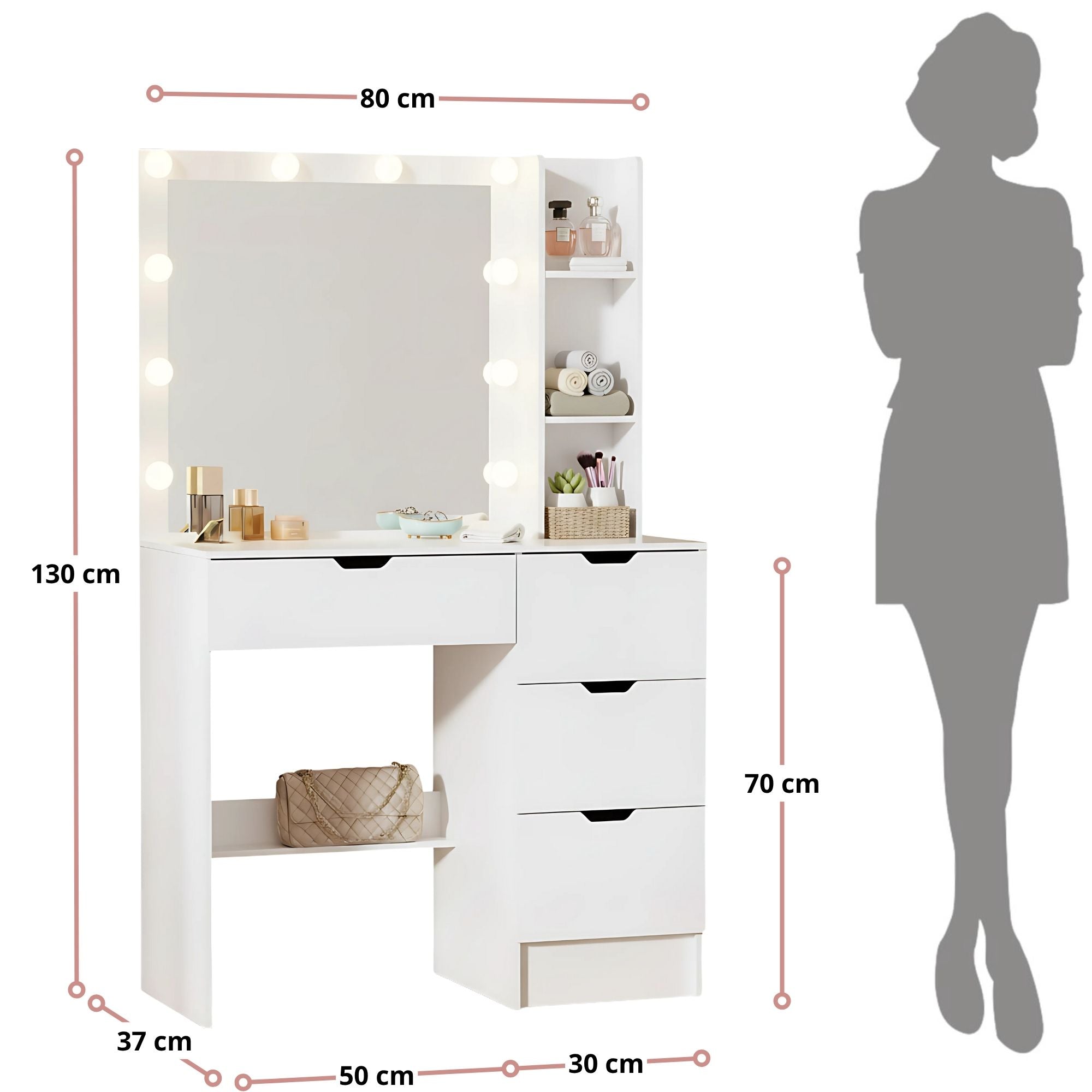 Kaptafel wit met Hollywood spiegel LED en ruime lades voor make-up | Zenzee