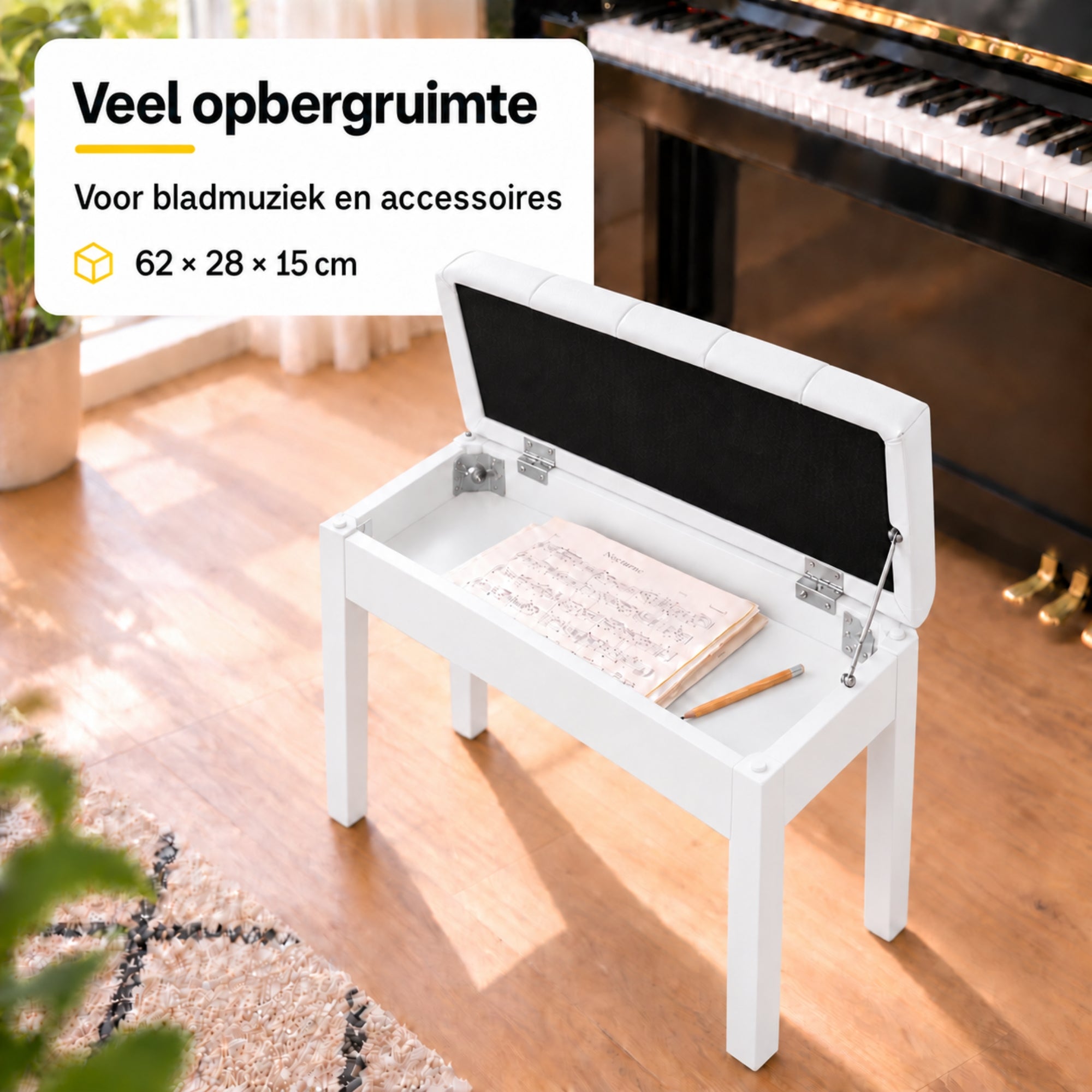 Klassieke witte pianokruk met opbergruimte – stijlvol en praktisch met open vak voor bladmuziek en accessoires
