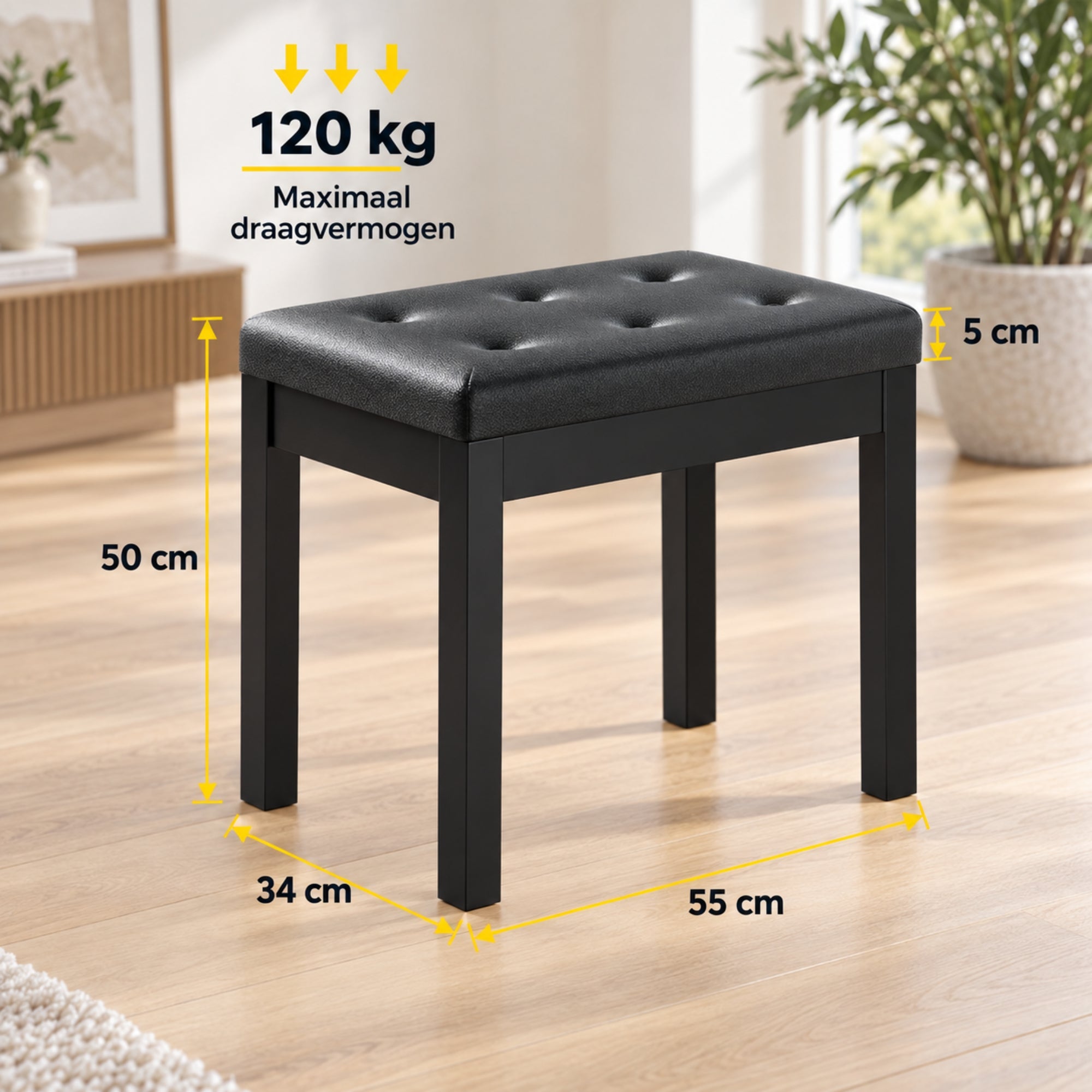 Moderne zwarte pianokruk met opbergruimte voor extra comfort en stijl – compacte zithoogte en stevig frame voor dagelijks gebruik