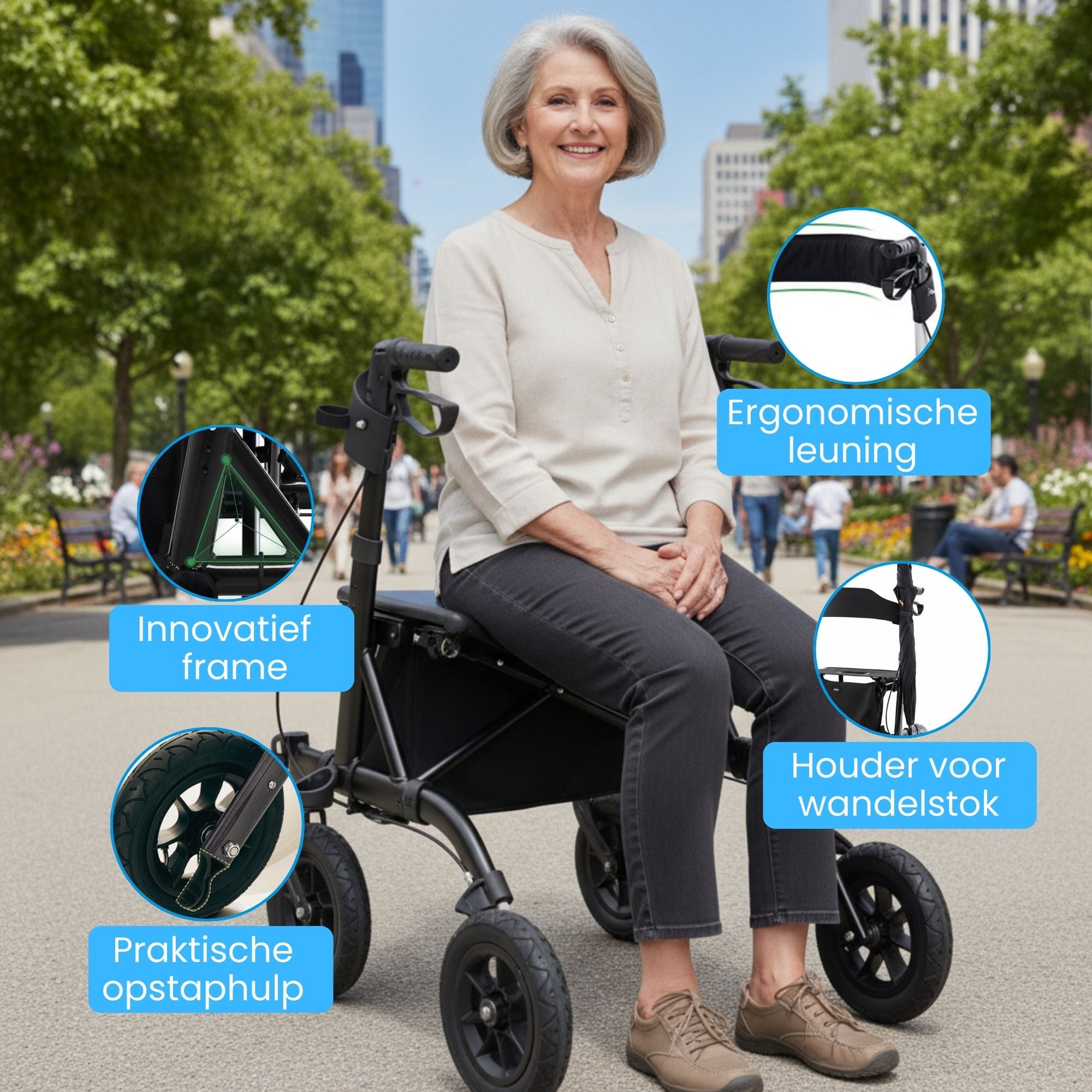 Rollator met all-terrain luchtbanden en comfortabele zitfunctie zwart voor stabiel en comfortabel buitengebruik