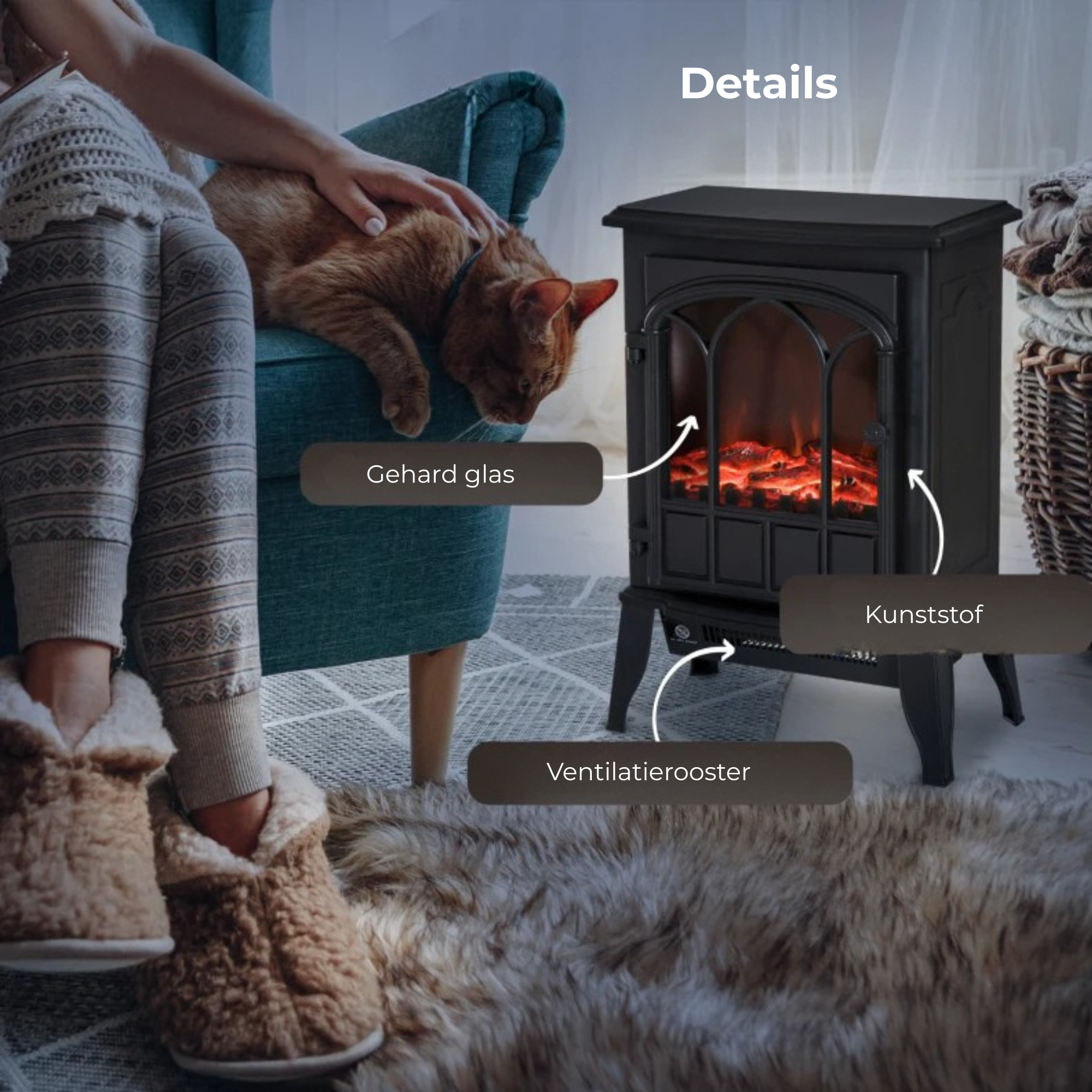 Vrijstaande zwarte elektrische sfeerhaard met thermostaat 2000 W met realistisch vlameffect en veilige materialen