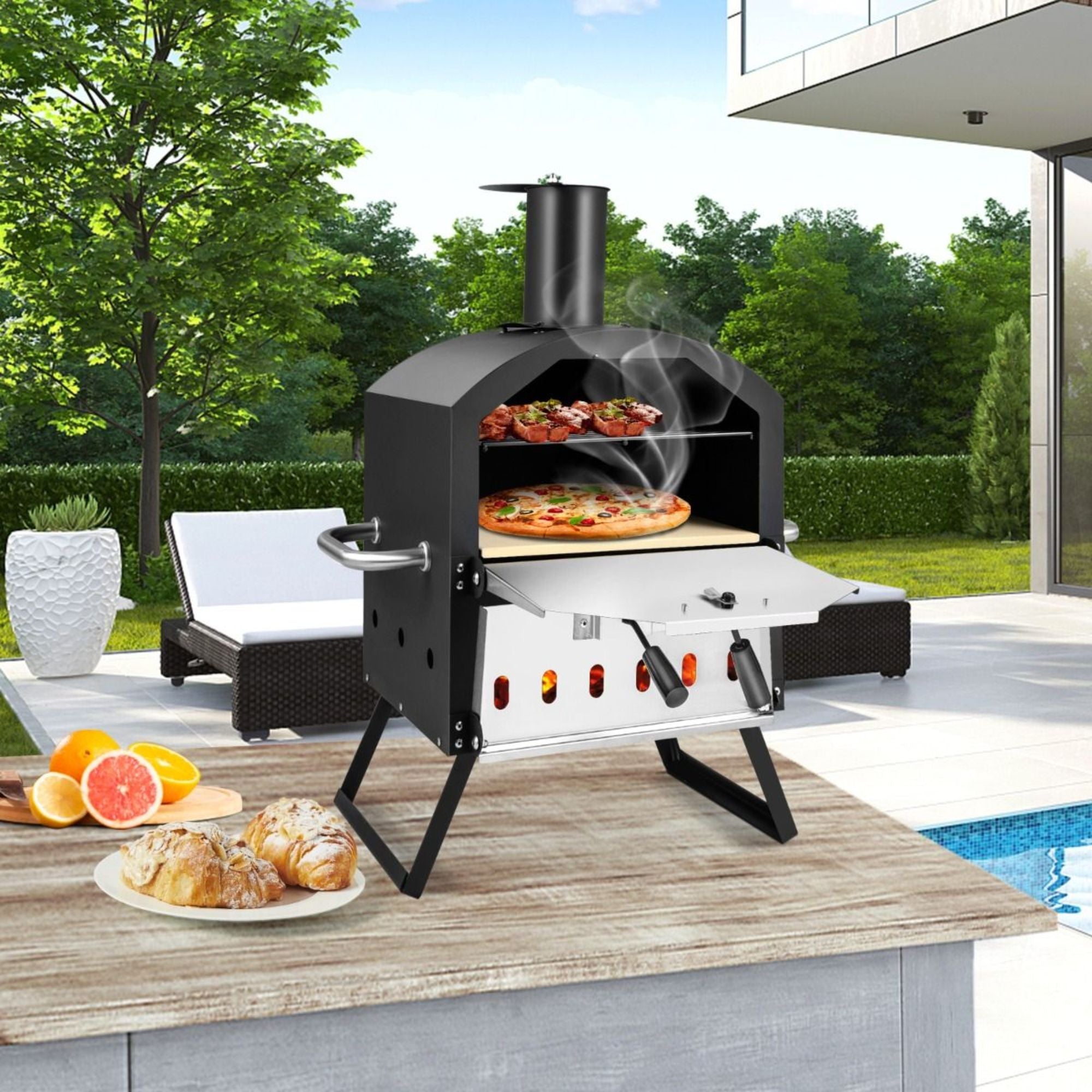 Pizzaoven voor buiten – draagbaar voor pizza, vlees en brood - Met afdekhoes en compacte houtoven voor authentiek buitengebruik