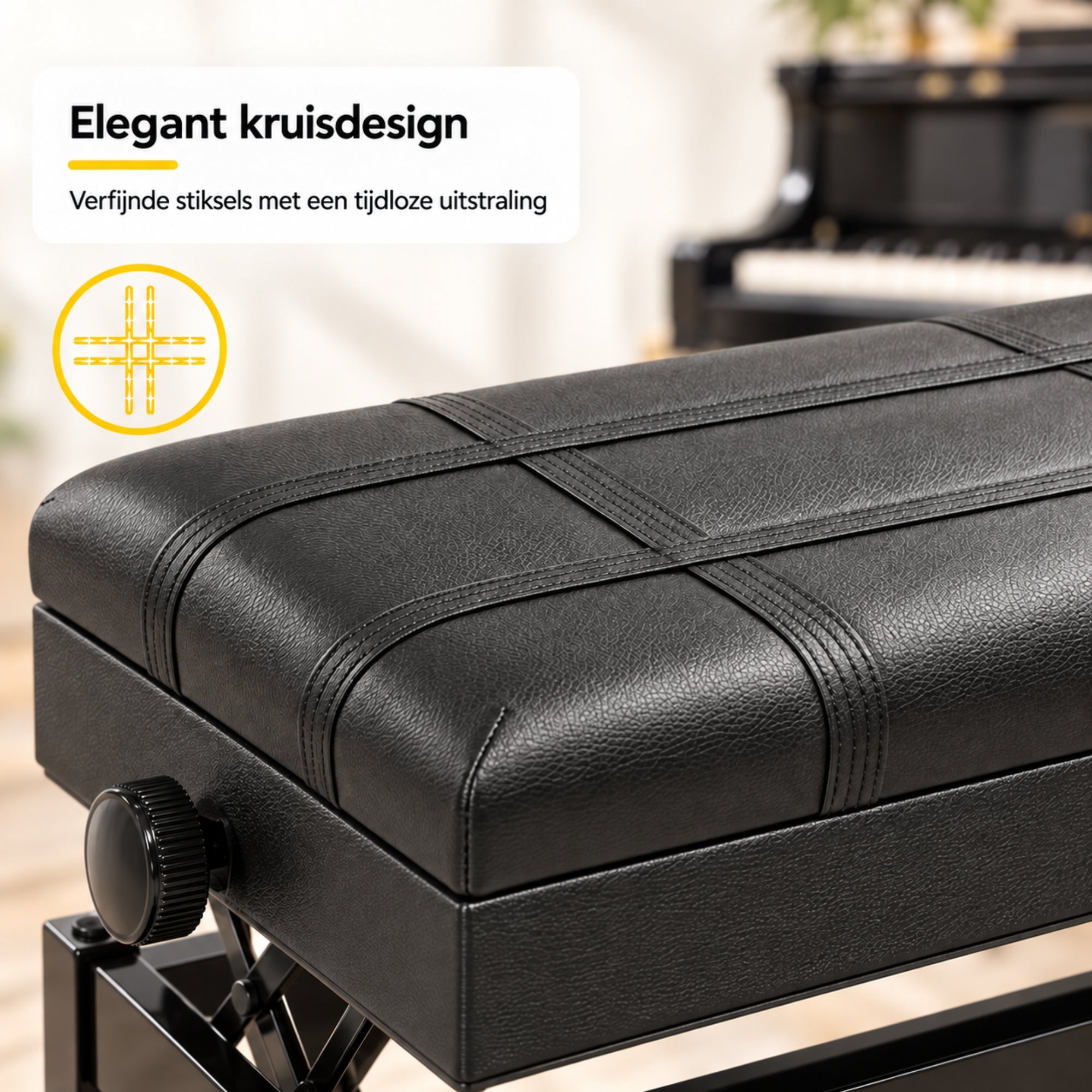 Zwarte pianokruk verstelbaar met opbergruimte en comfortabel design met glad kunstleer en decoratief motief