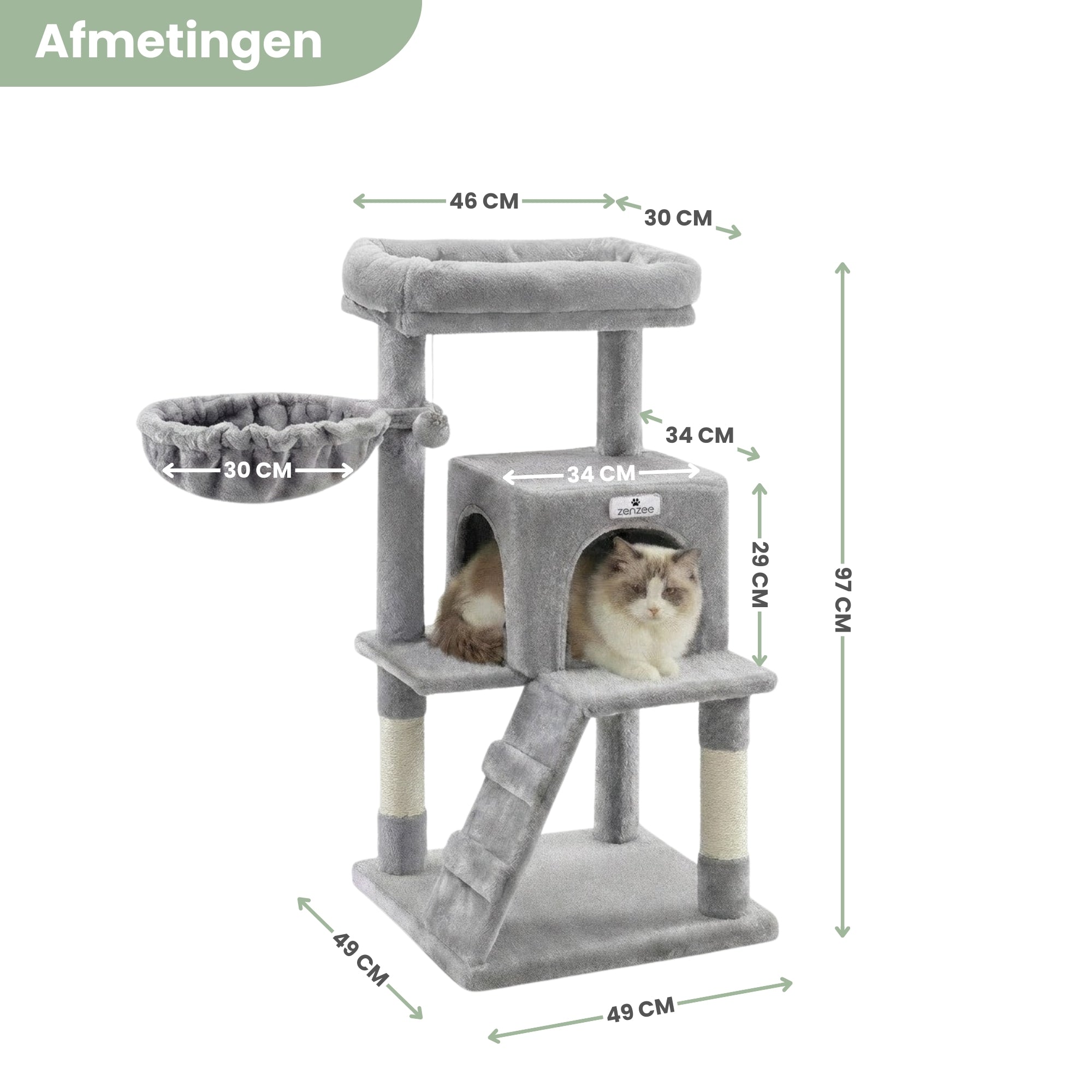 Krabpaal – Ook voor kittens en senior katten – Compact- Modern - Lichtgrijs – 49 x49 x 97 cm in galerijpositie 1 met kat in kattenhuis