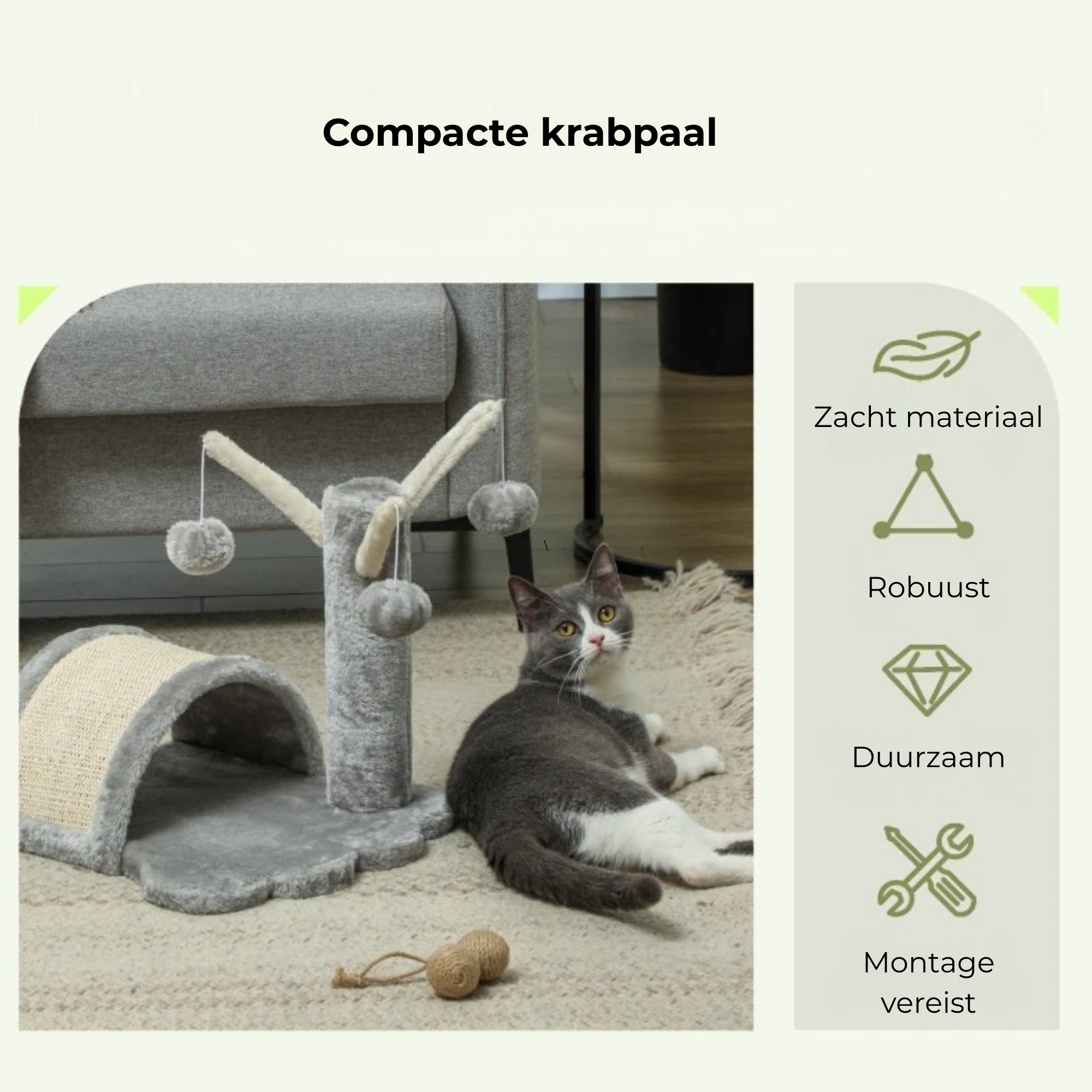 Compacte krabpaal met kattenspeeltjes voor speelse katten – zacht materiaal, duurzaam en perfect voor kleine woonruimtes.