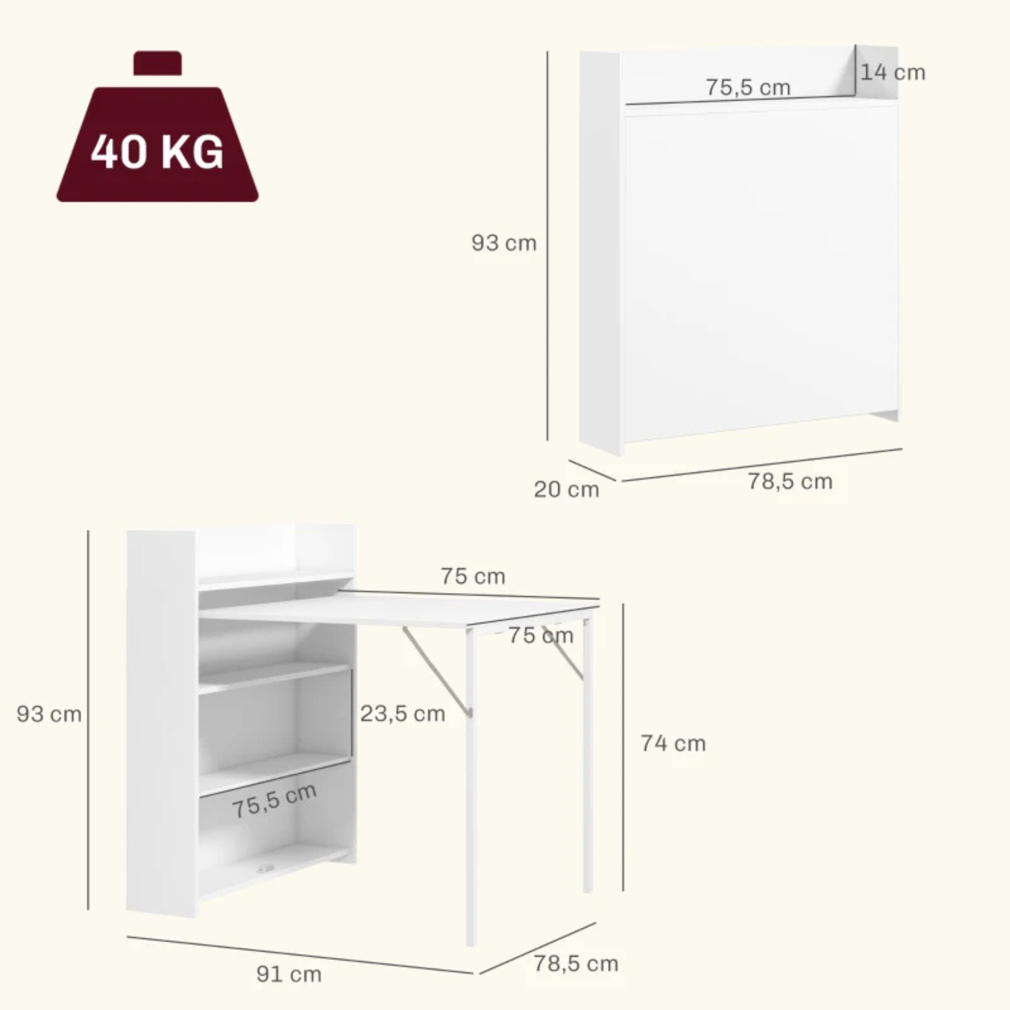Multifunctionele klaptafel, te gebruiken als eettafel of wandtafel 78,5x91x93 cm met draaggewicht 40 kg en ruimtebesparend design