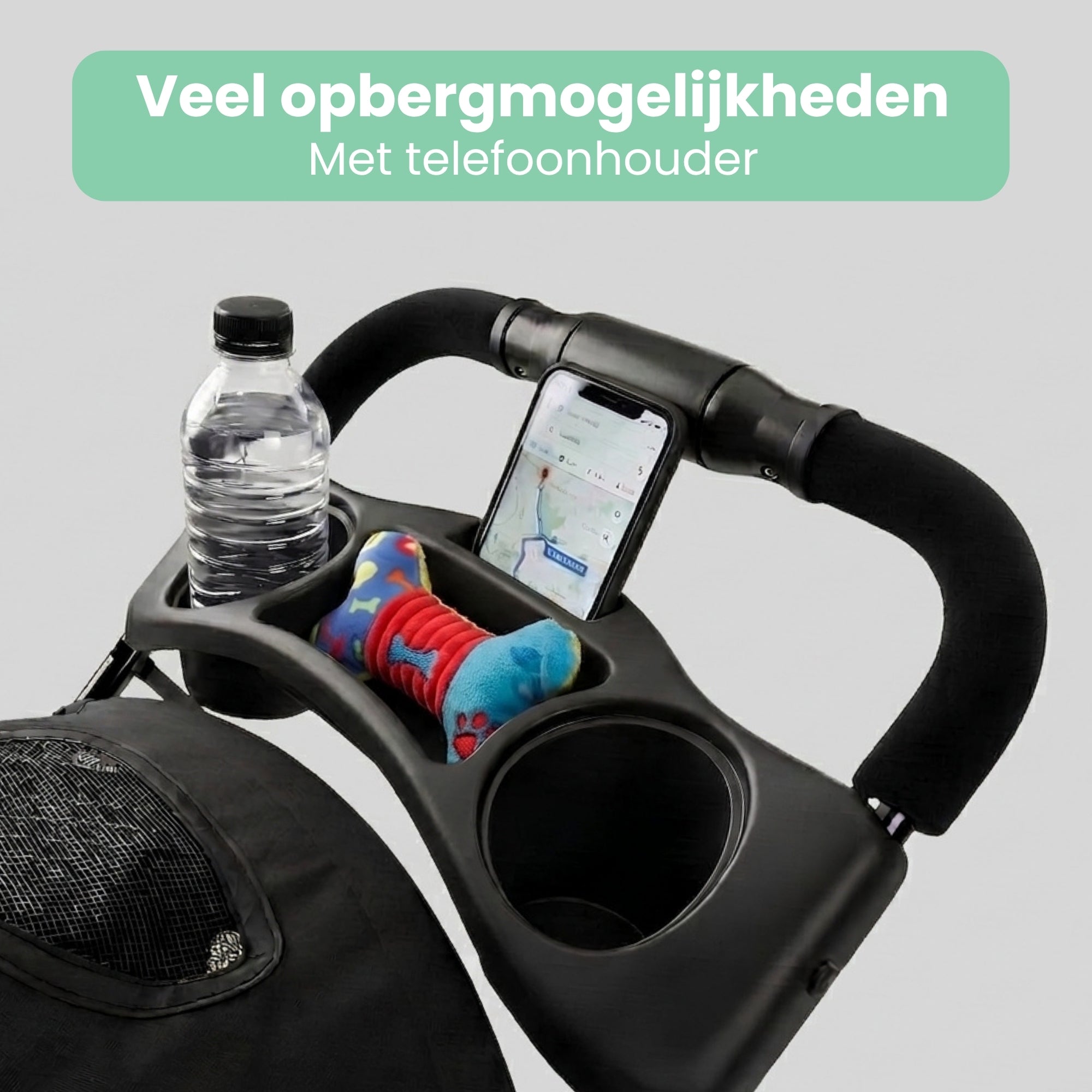 Hondenbuggy inklapbaar met regenhoes belastbaar tot 15 kg Zwart met handig opbergrek, bekerhouder en geïntegreerde telefoonhouder voor extra gebruiksgemak.