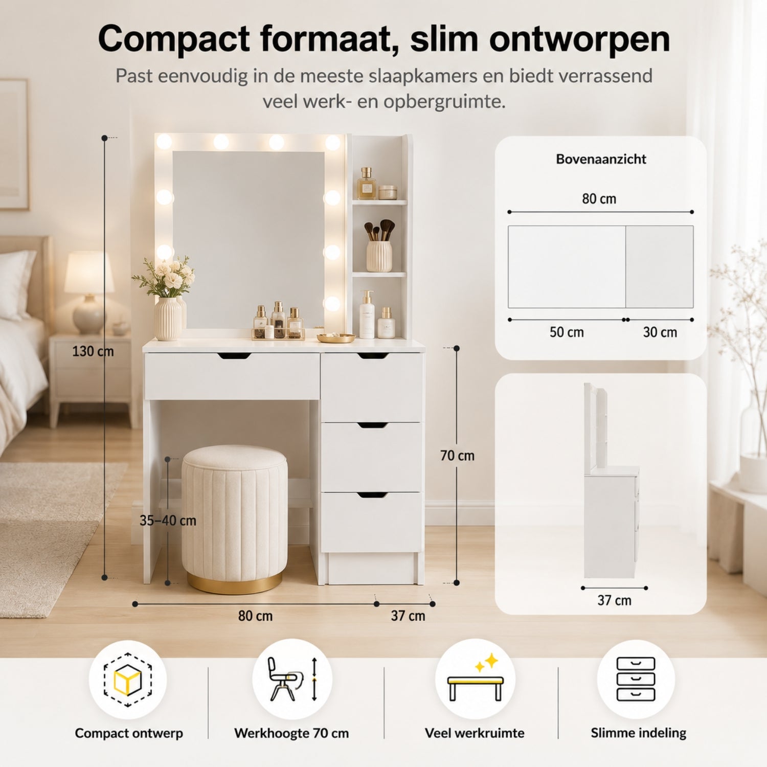Kaptafel wit met Hollywood spiegel LED en ruime lades voor make-up | Zenzee met compacte indeling, spiegel en praktische opbergruimte