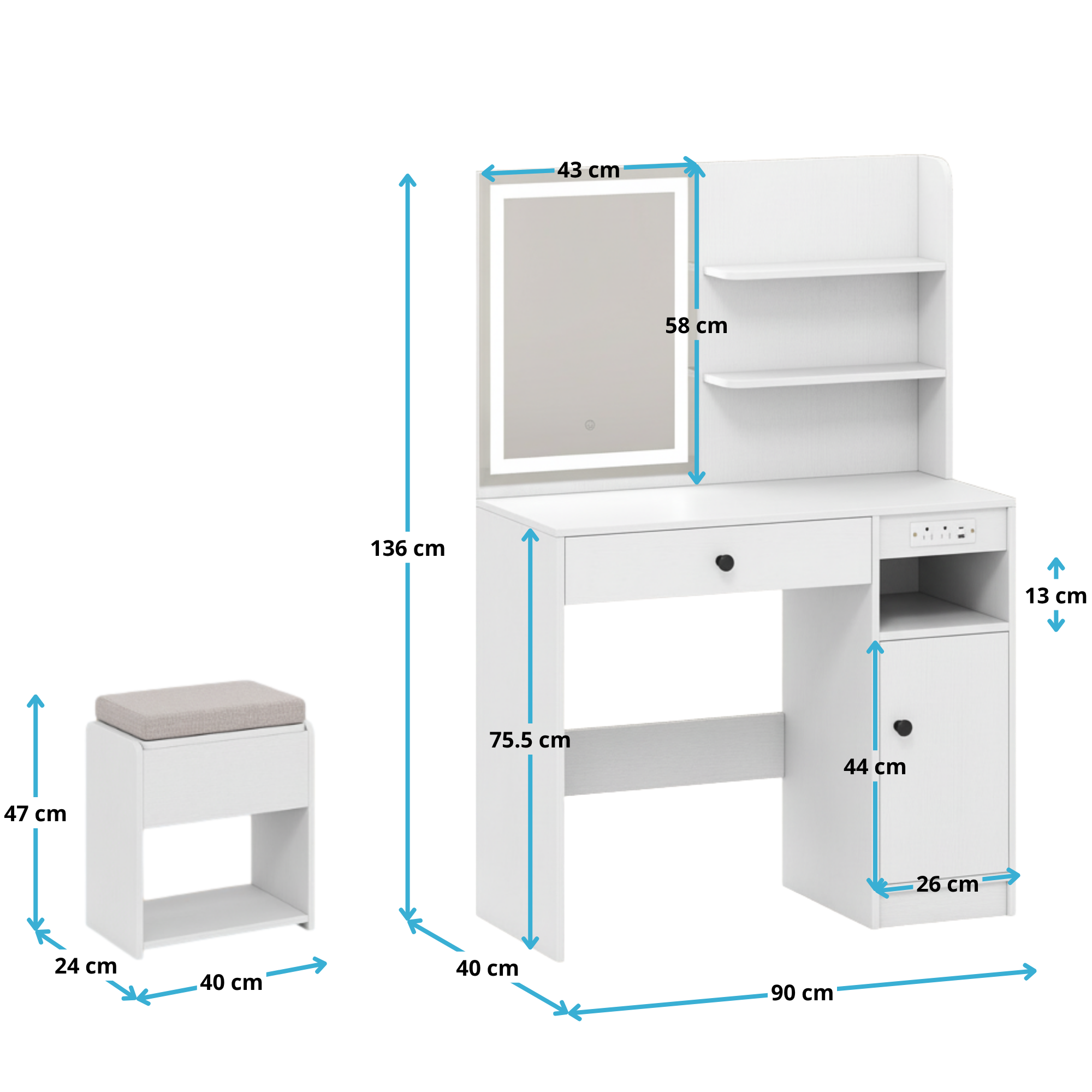 Make-up tafel kaptafel met hocker met LED-spiegel 90x40x136 cm – wit, compact en praktisch ontwerp