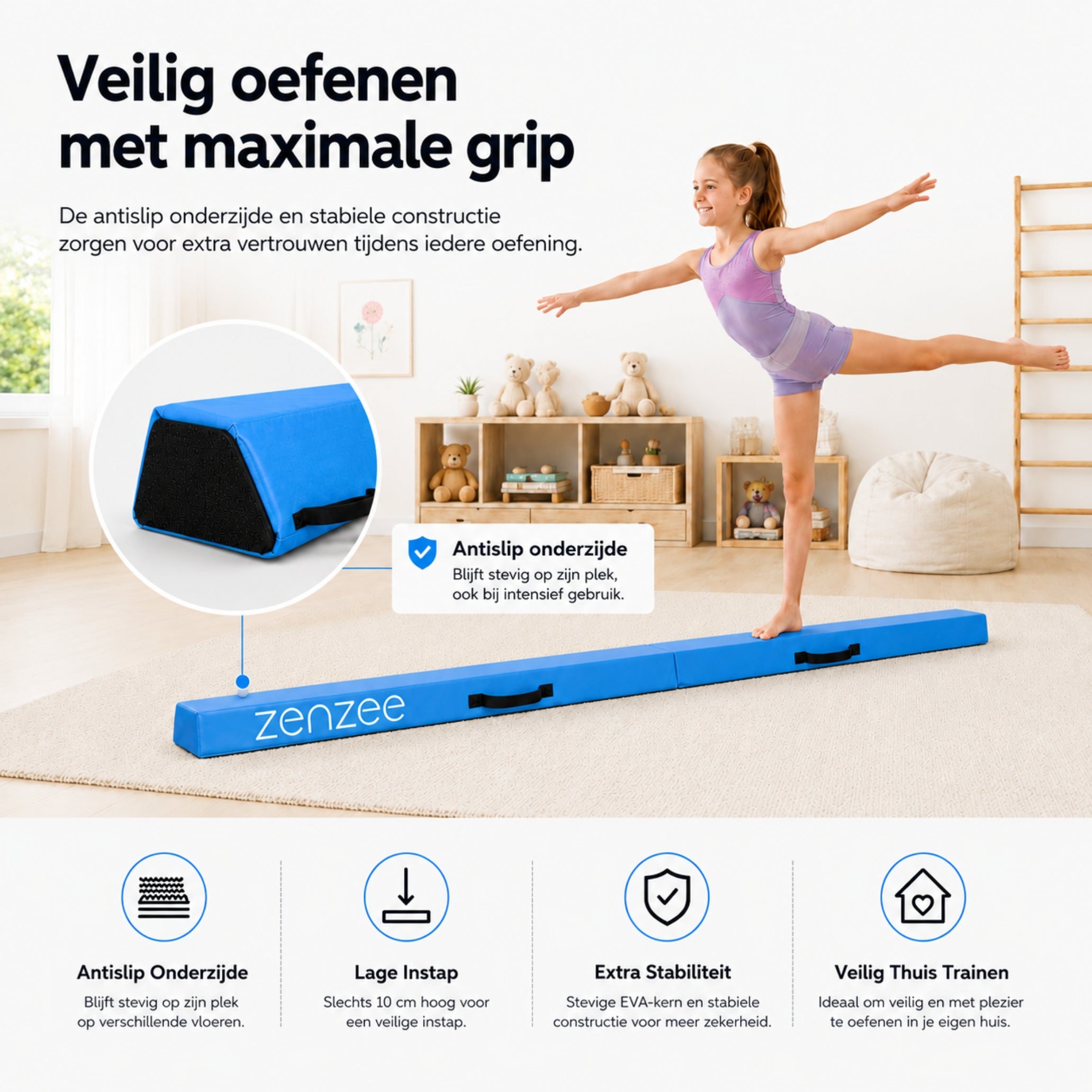 Turnbalk blauw 300 cm – balans trainer met draagtas. Ideaal voor thuis | Zenzee