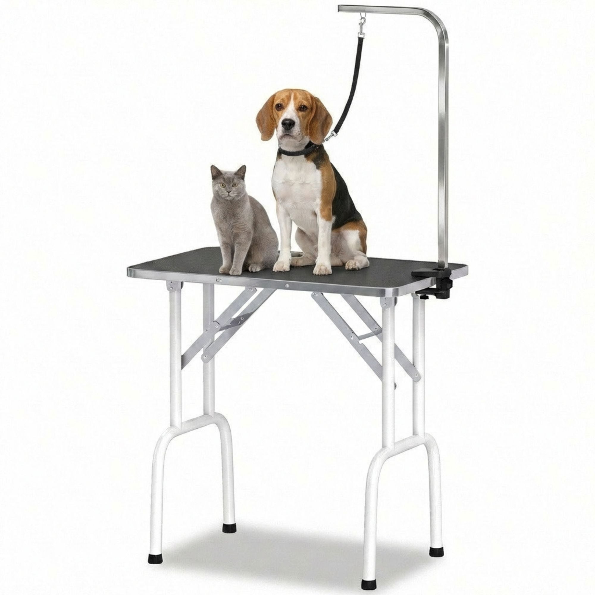 Honden trimtafel zwart 81x49x80cm – Inklapbare tafel met verstelbare trimarm en aanlijnoptie met hond en kat op tafel
