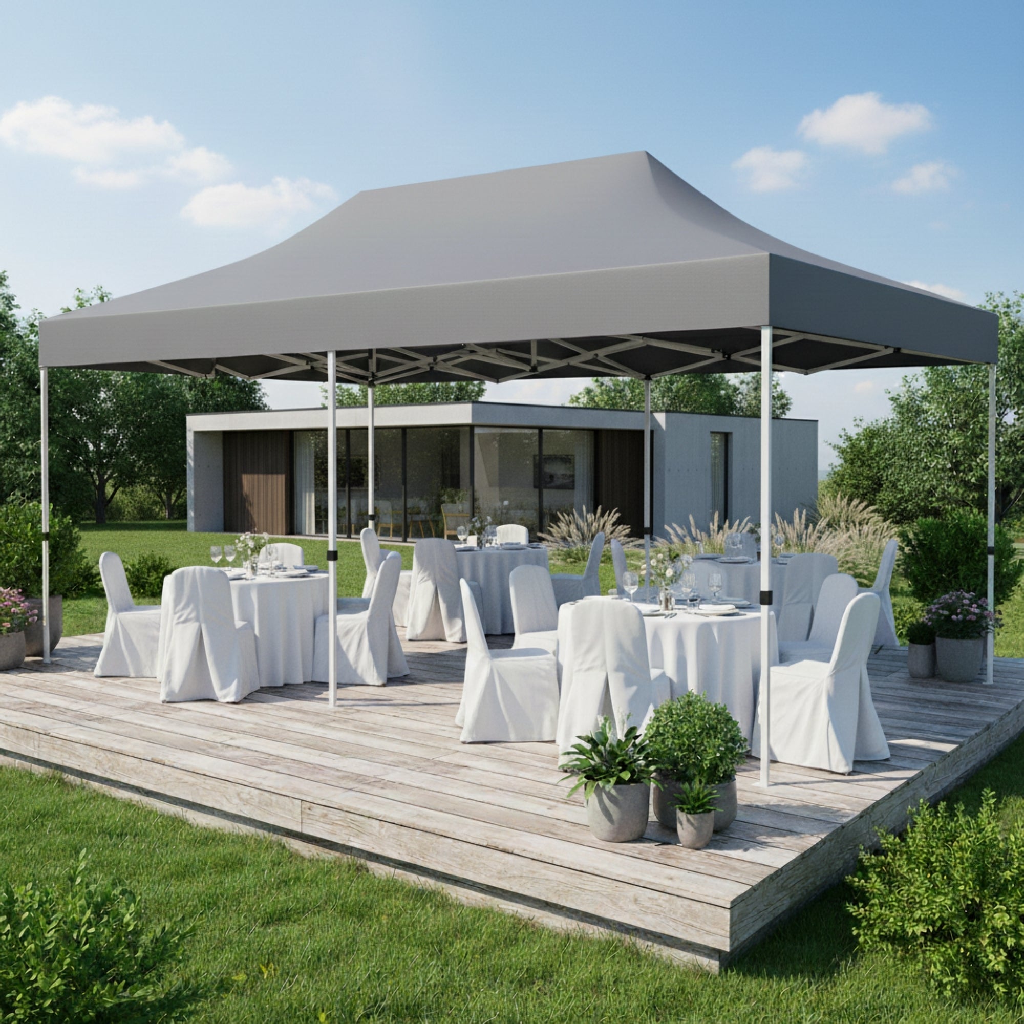 Grijze partytent tuinpaviljoen opvouwbaar 6x3m – waterdicht met zijwanden en zandzakken op terras bij moderne woning