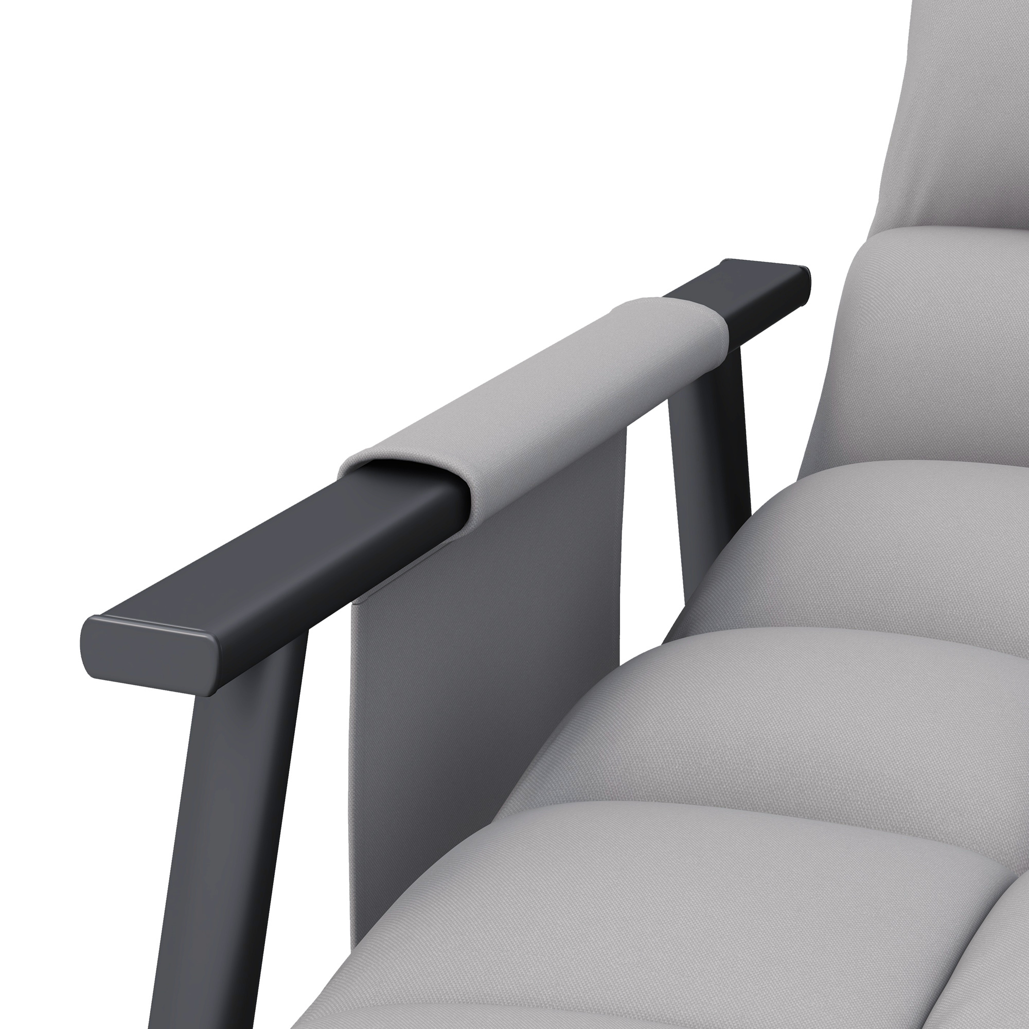 Comfortabele grijze schommelstoel met verstelbare rugleuning en zachte bekleding, close-up van armleuning en kussenmateriaal