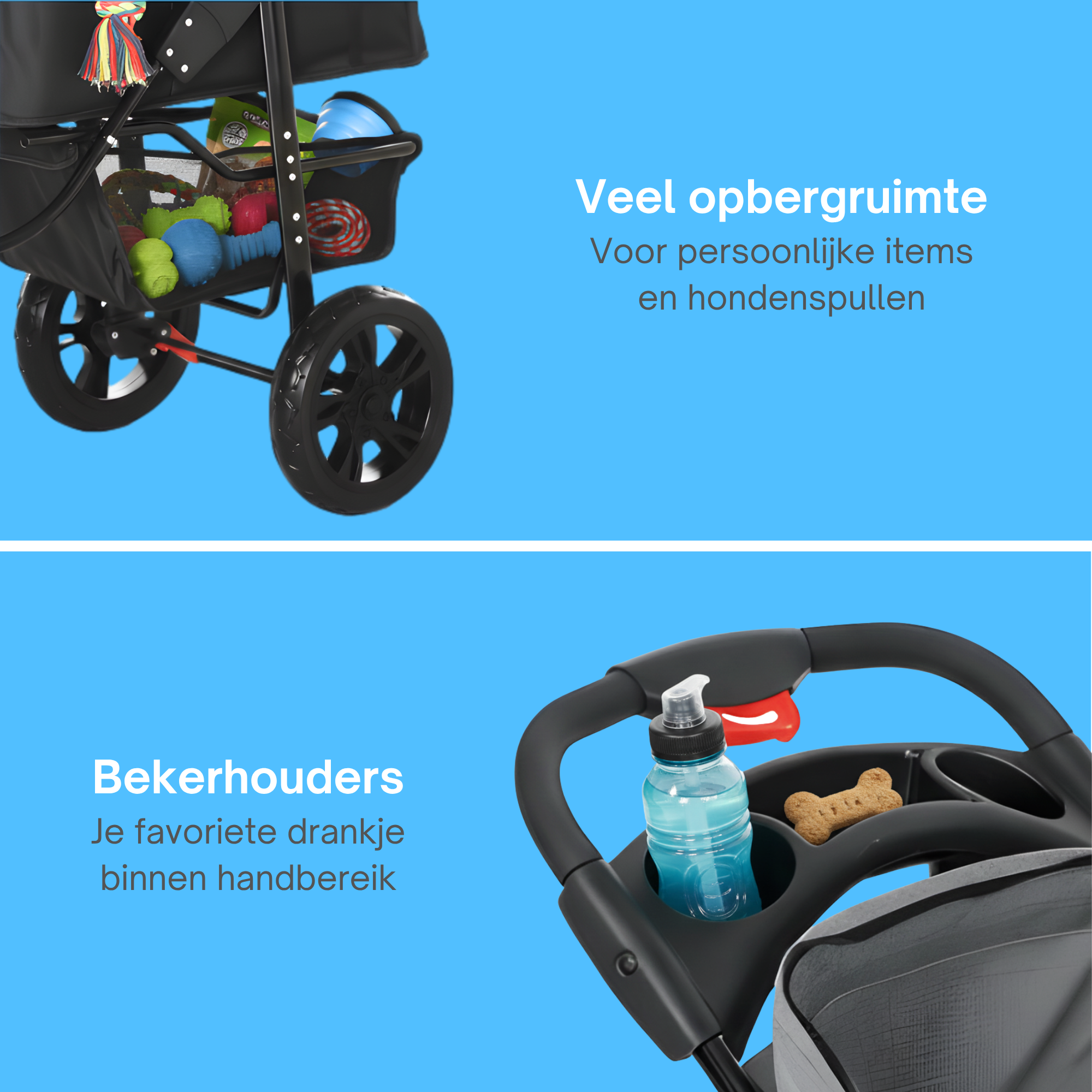 Opvouwbare hondenbuggy met verstelbare kap en opbergruimte – grijs/zwart – 110×58×107 cm | Zenzee met ruimte voor spullen en bekerhouders.