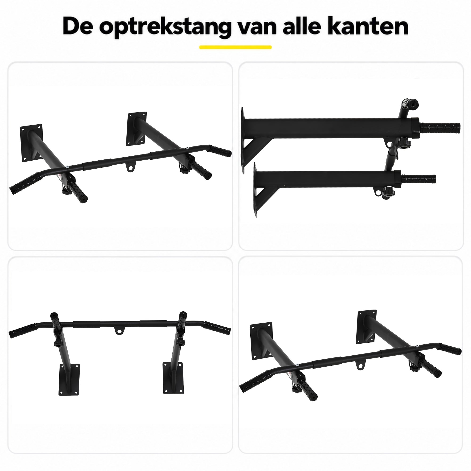 Pull up bar zwart – wandmontage met 150 kg draagvermogen van staal met meerdere grepen en bevestigingsogen