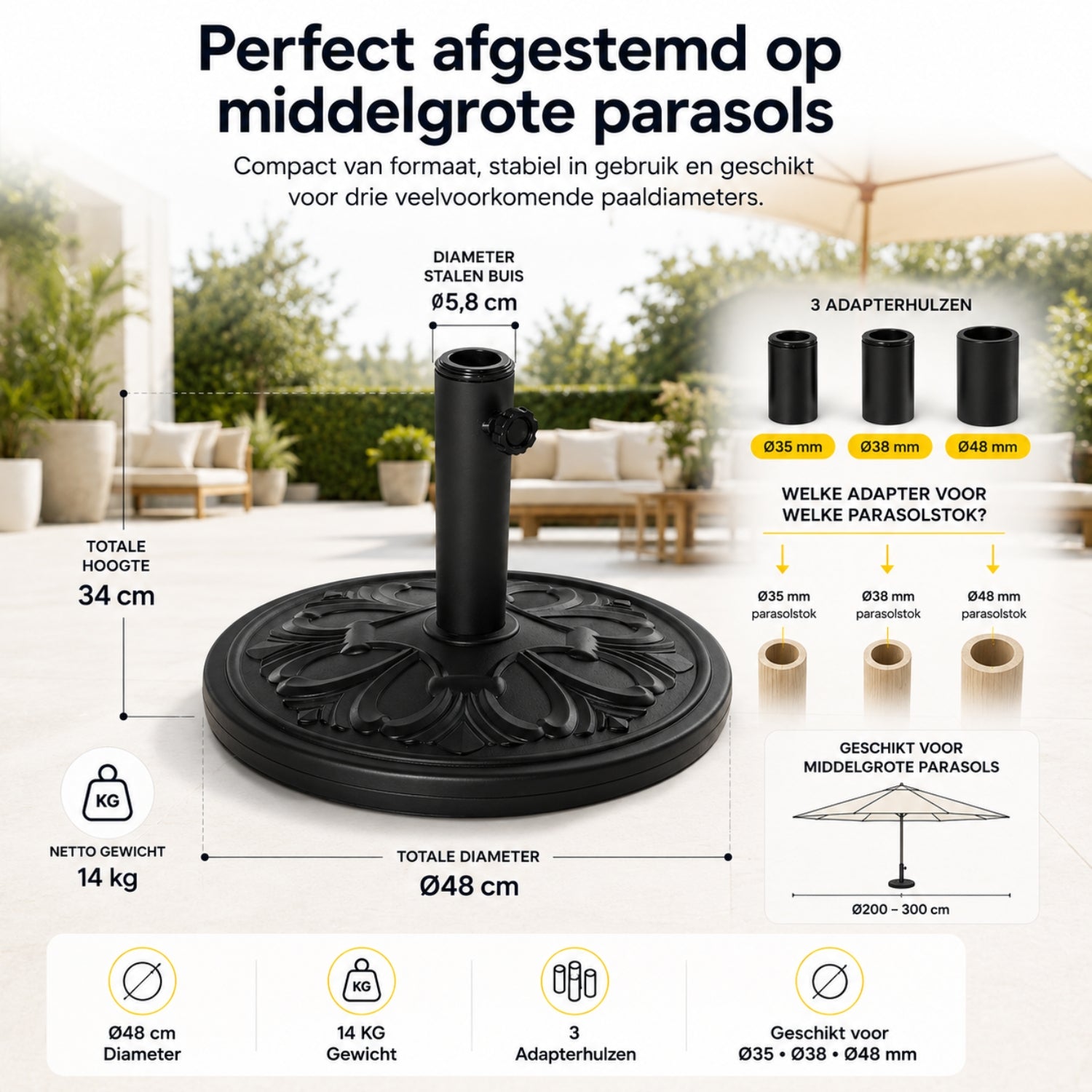 Stevige parasolvoet 14 kg ø48 cm zwart voor compacte en stabiele ondersteuning