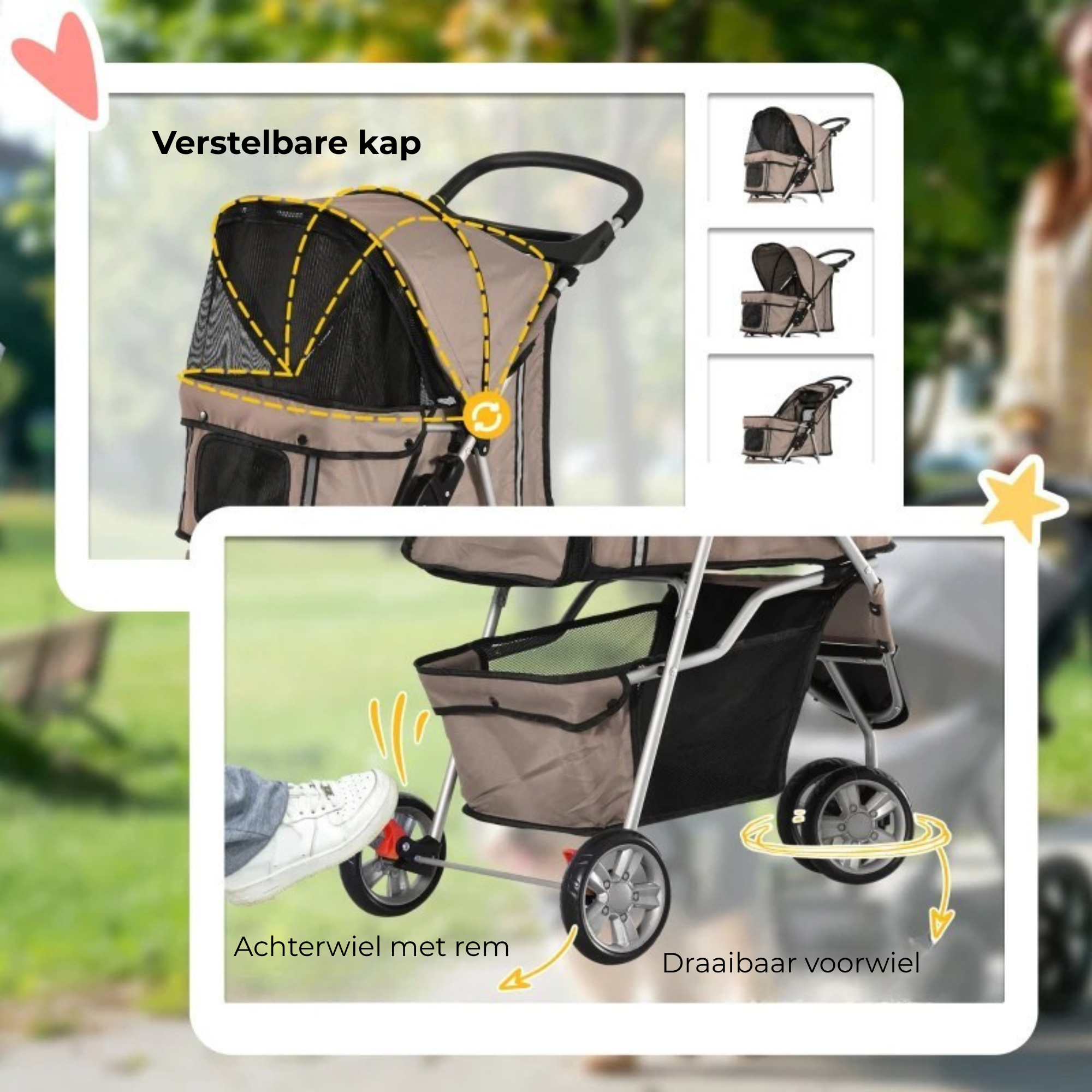 Opvouwbare hondenbuggy met parkeerrem en ruime opbergruimte – verstelbare kap en wendbare wielen voor optimaal gebruiksgemak