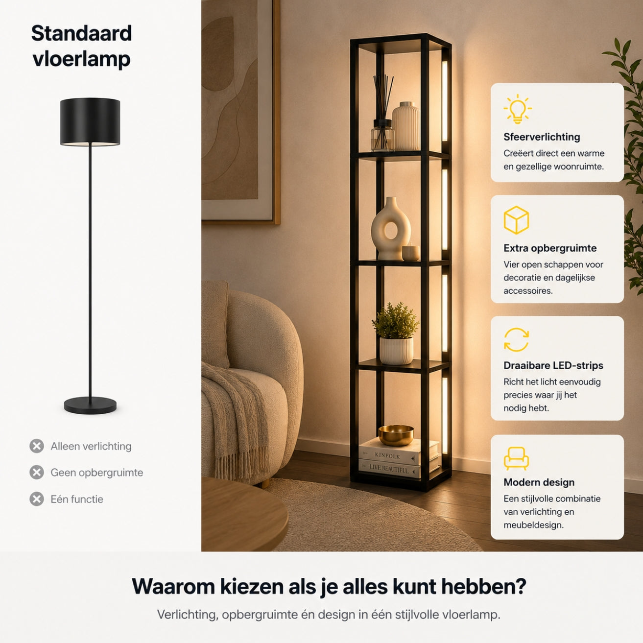 Zwarte vloerlamp met LED-verlichting en geïntegreerde opbergruimte – 29×29×163 cm | Zenzee