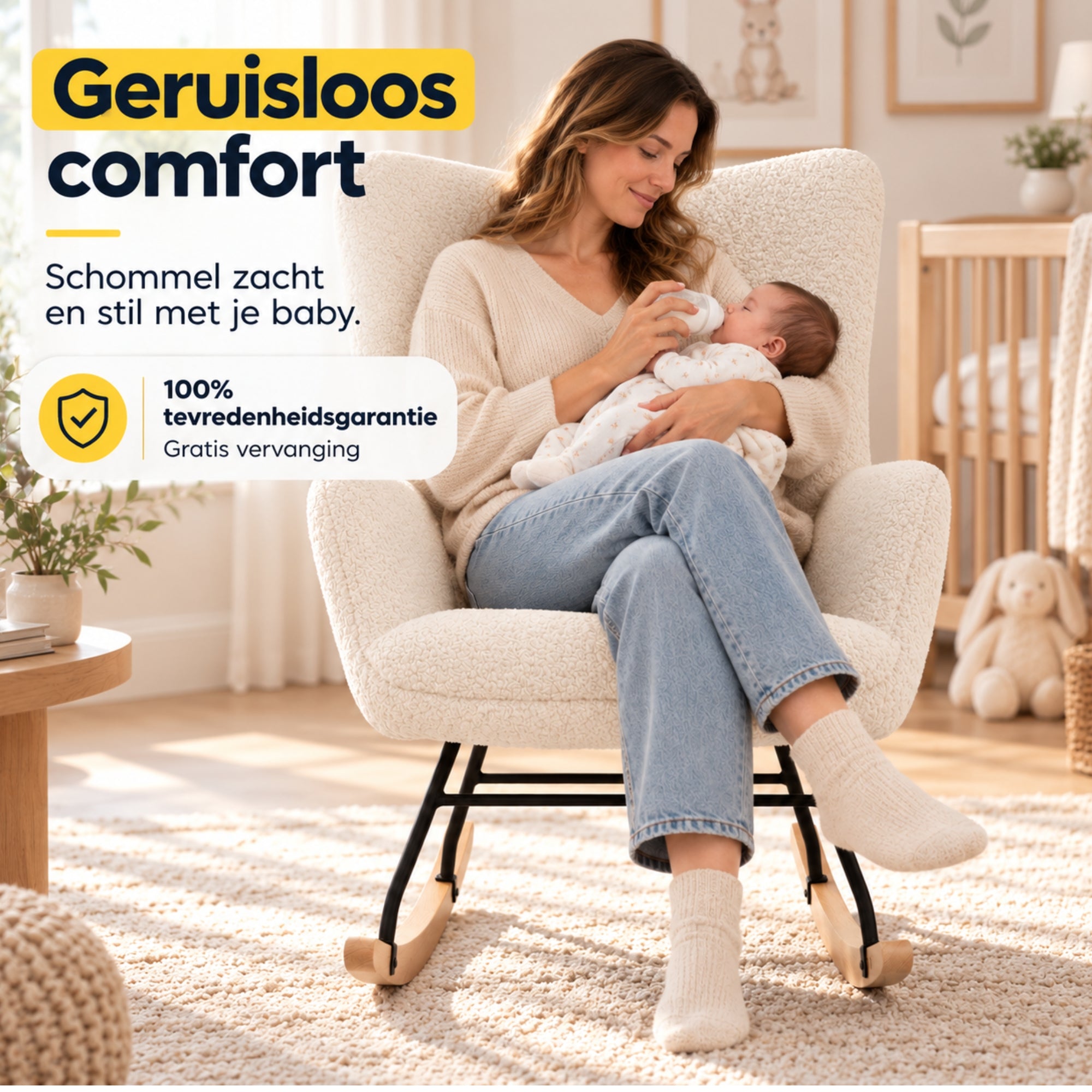 Comfortabele Schommelstoel met kussen en zijvak roomwit/beige | Zenzee met zachte berberfleece en moeder met baby