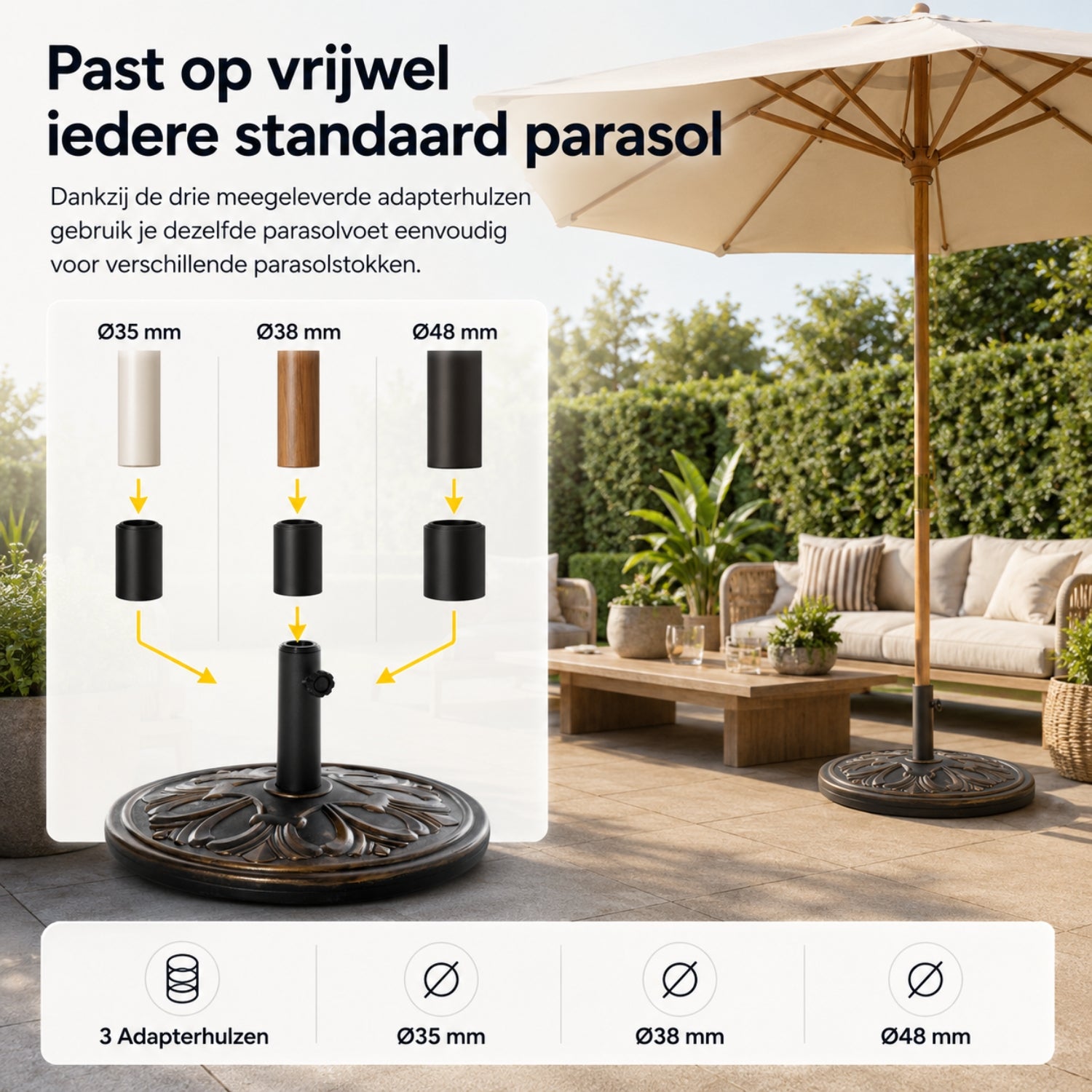 Klassieke parasolvoet in bronskleur – 14 kg, ø48 x 34 cm voor stevige ondersteuning
