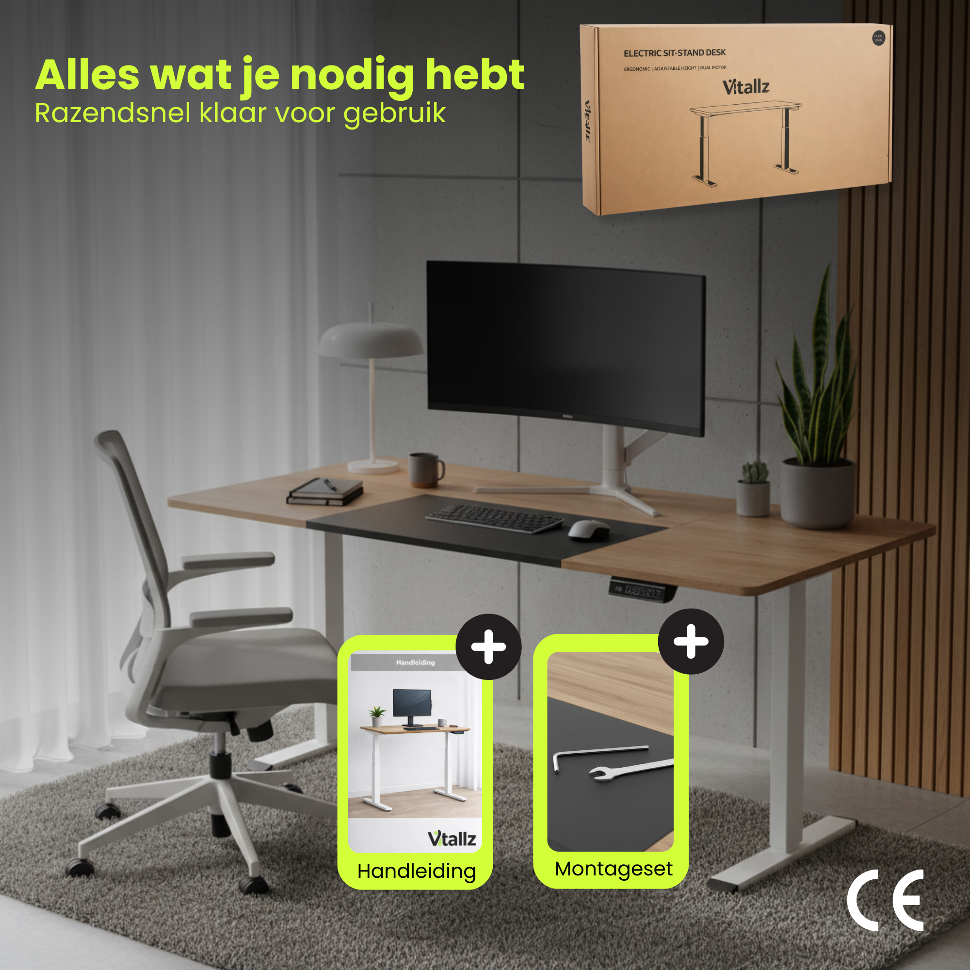 Elektrisch zit sta bureau 140x70 met botsbeveiliging en kinderslot natuur inclusief handleiding en montageset