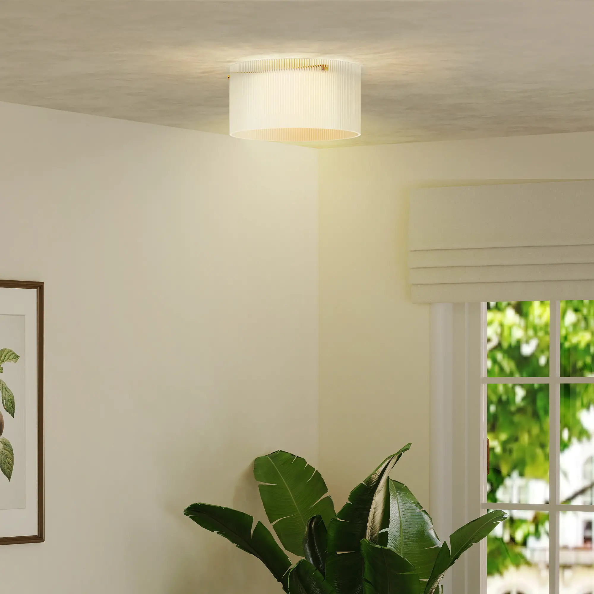 Moderne plafondlamp Ø32 cm voor sfeervolle verlichting met geribbelde acryllampenkap en metalen frame in woonkamer