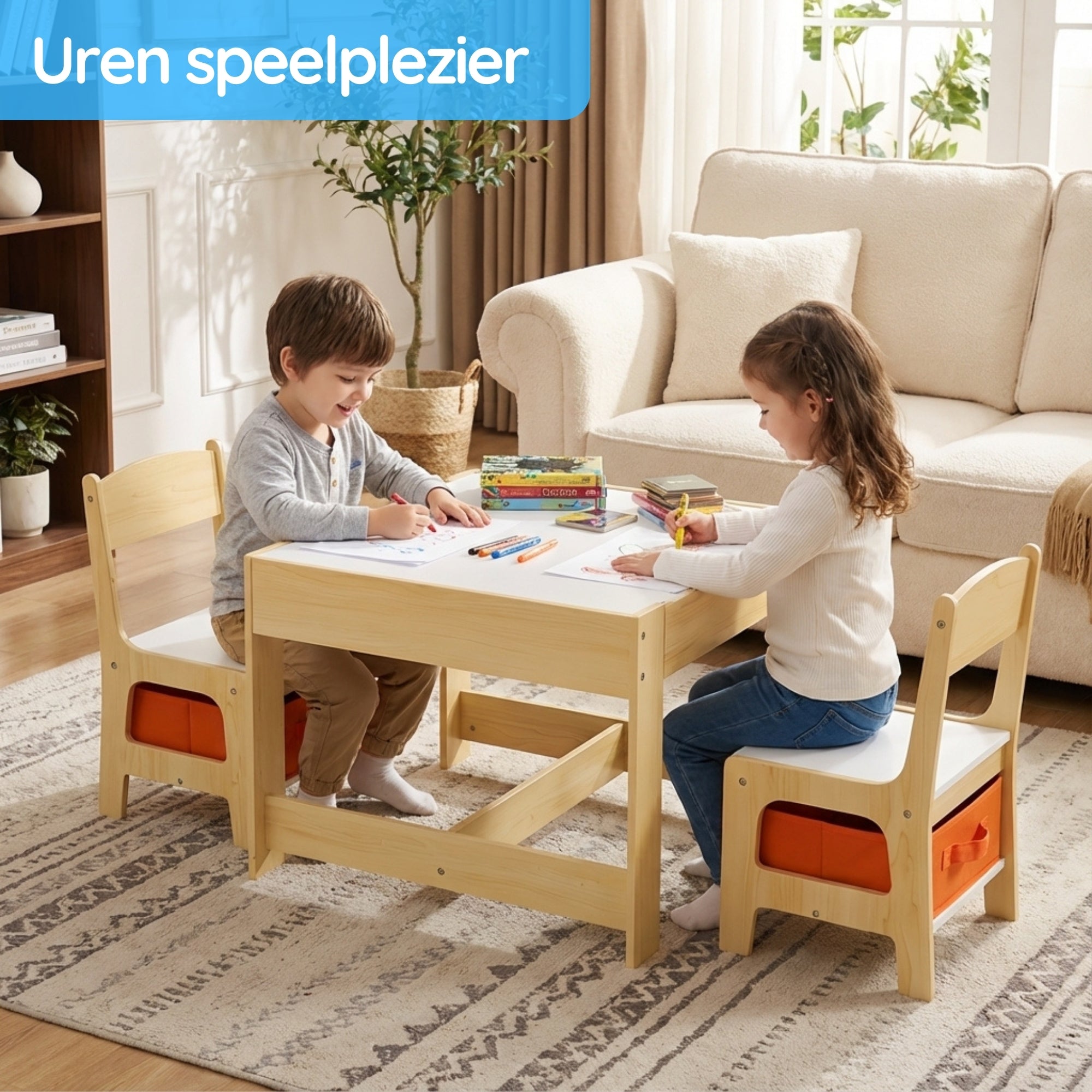 kindertafel met stoeltjes met krijtbord, whiteboard en slimme opbergruimte voor creatief spelen en leren thuis