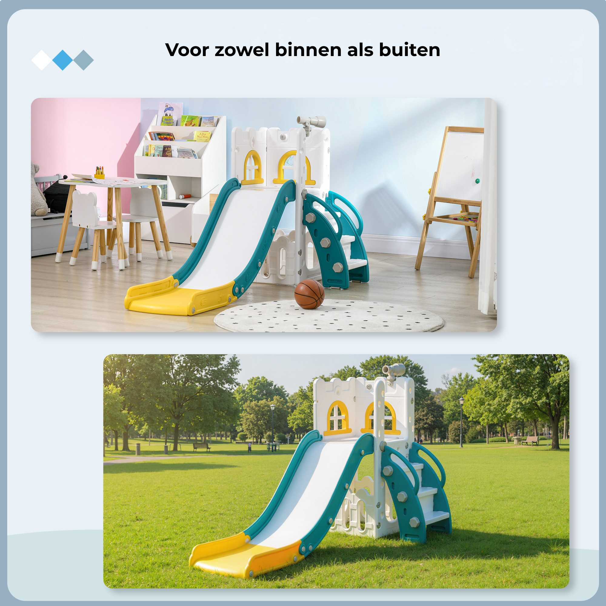 Kinderglijbaan met basketbalring voor actief en veilig speelplezier geschikt voor binnen en buiten gebruik