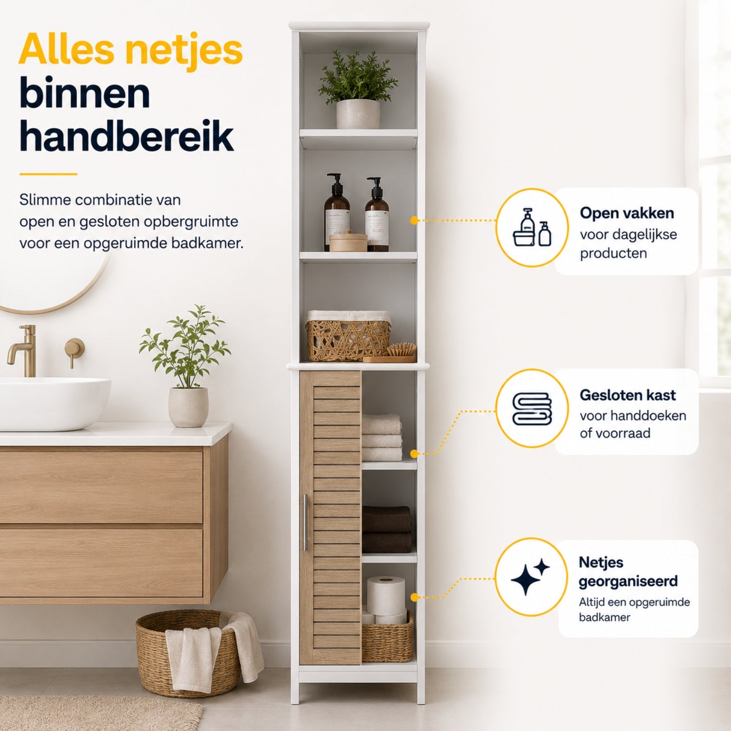 Badkamer kolomkast wit-eiken 173 cm – Smalle kast met veel opbergruimte en modern design