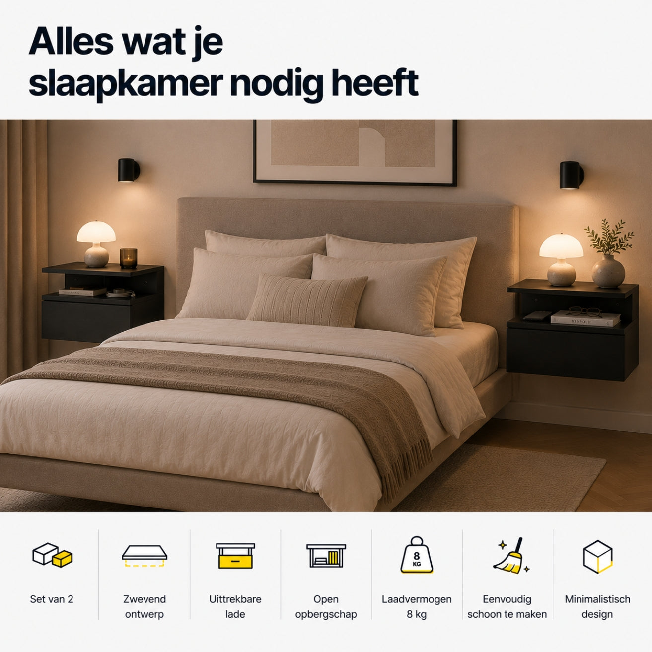 Zwevende nachtkastjes set van 2 met lade en open vak voor slaapkamer zwart | Zenzee