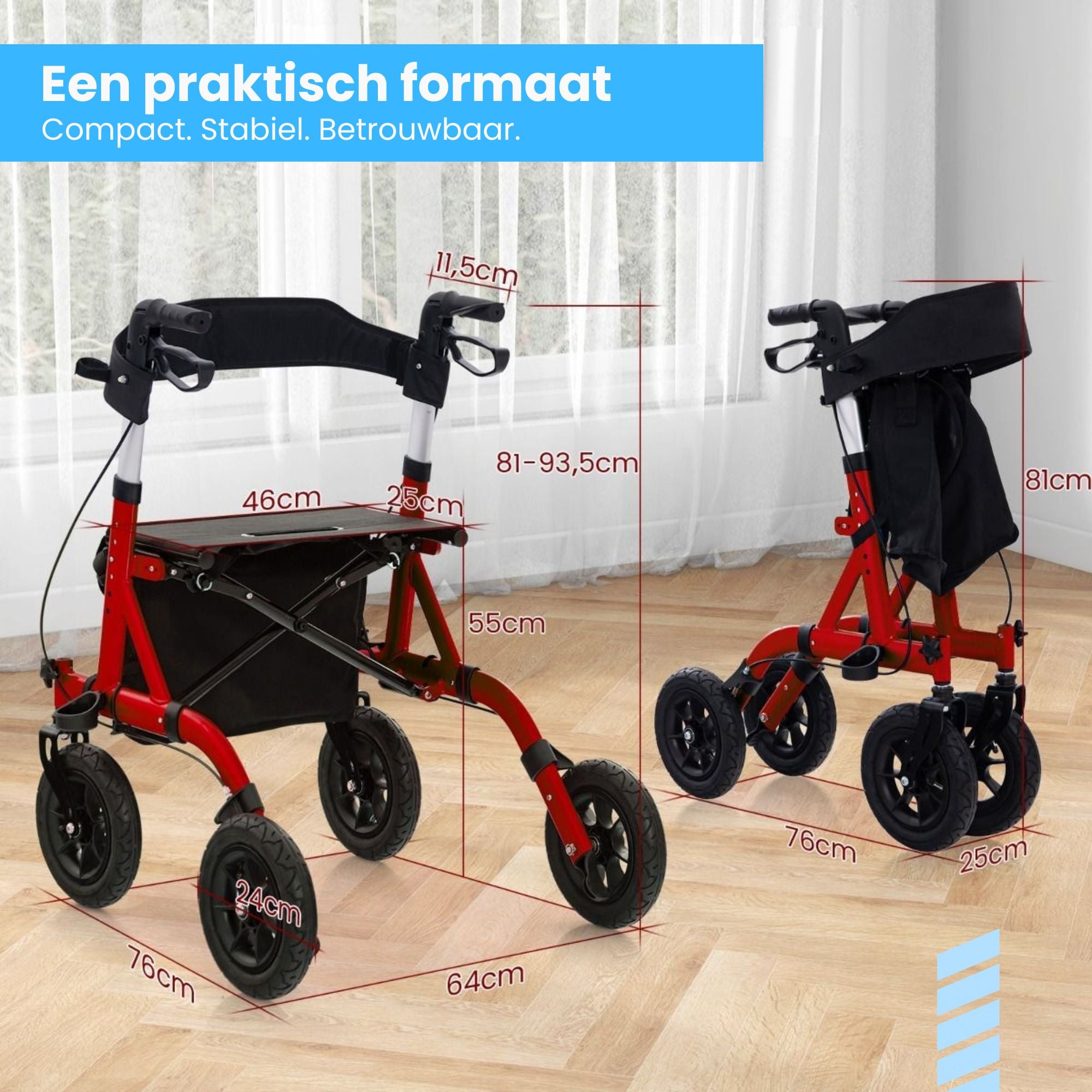 Rollator met all-terrain luchtbanden en comfortabele zitfunctie rood met compact frame voor stabiel en veilig gebruik binnen en buiten