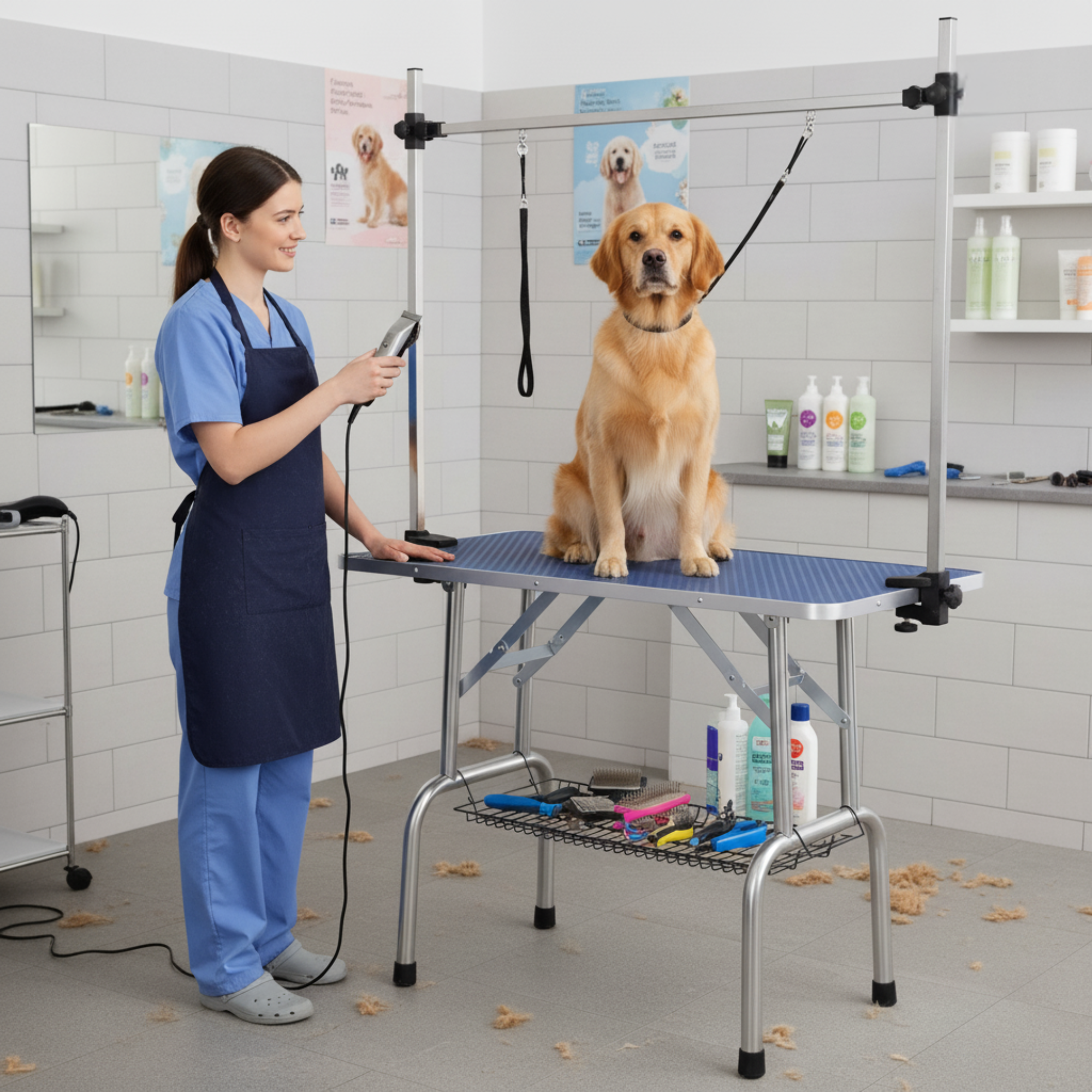 Honden trimtafel zwart 107x60x170 cm – Inklapbare tafel met verstelbare trimarm en aanlijnoptie voor professioneel gebruik