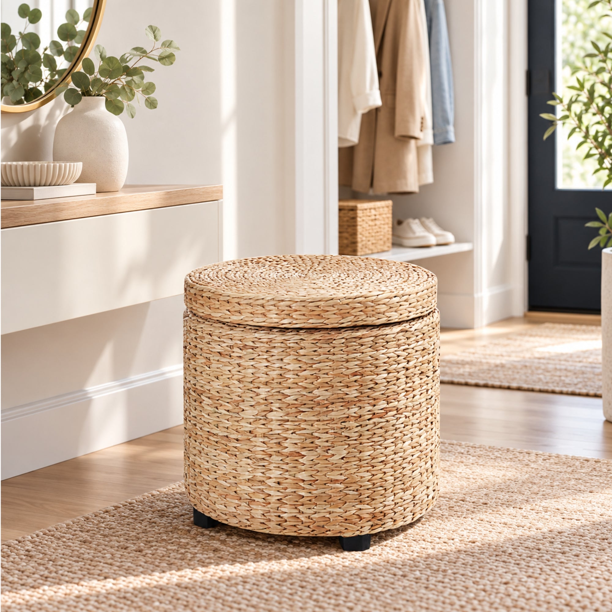 Ronde hocker met opbergruimte en afneembare deksel – stro rotan – Ø43×43 cm in khaki als voetenbank in de hal