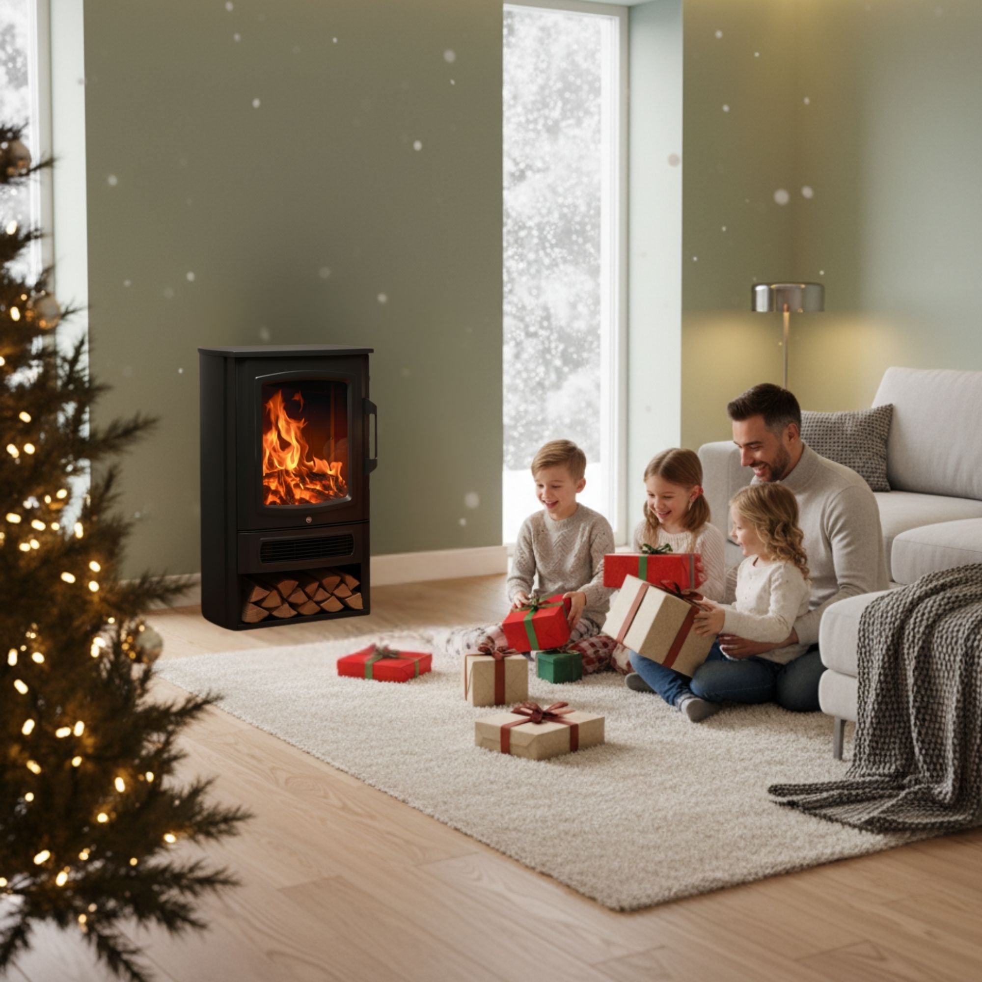 Vrijstaande elektrische sfeerhaard zwart – 2000W met realistisch vlameffect | Zenzee in een knusse woonkamer met gezin en cadeaus