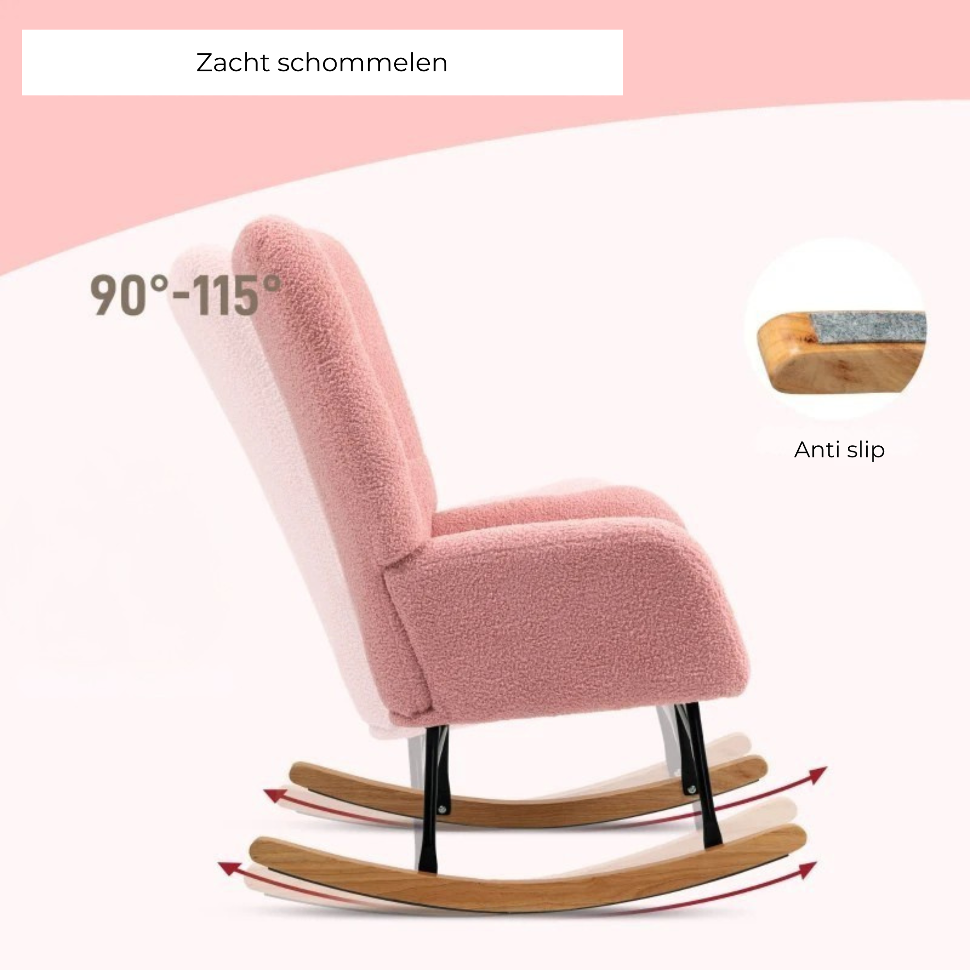 Comfortabele roze schommelstoel voor woonkamer of slaapkamer met zachte stof en houten schommelonderstel met antislip