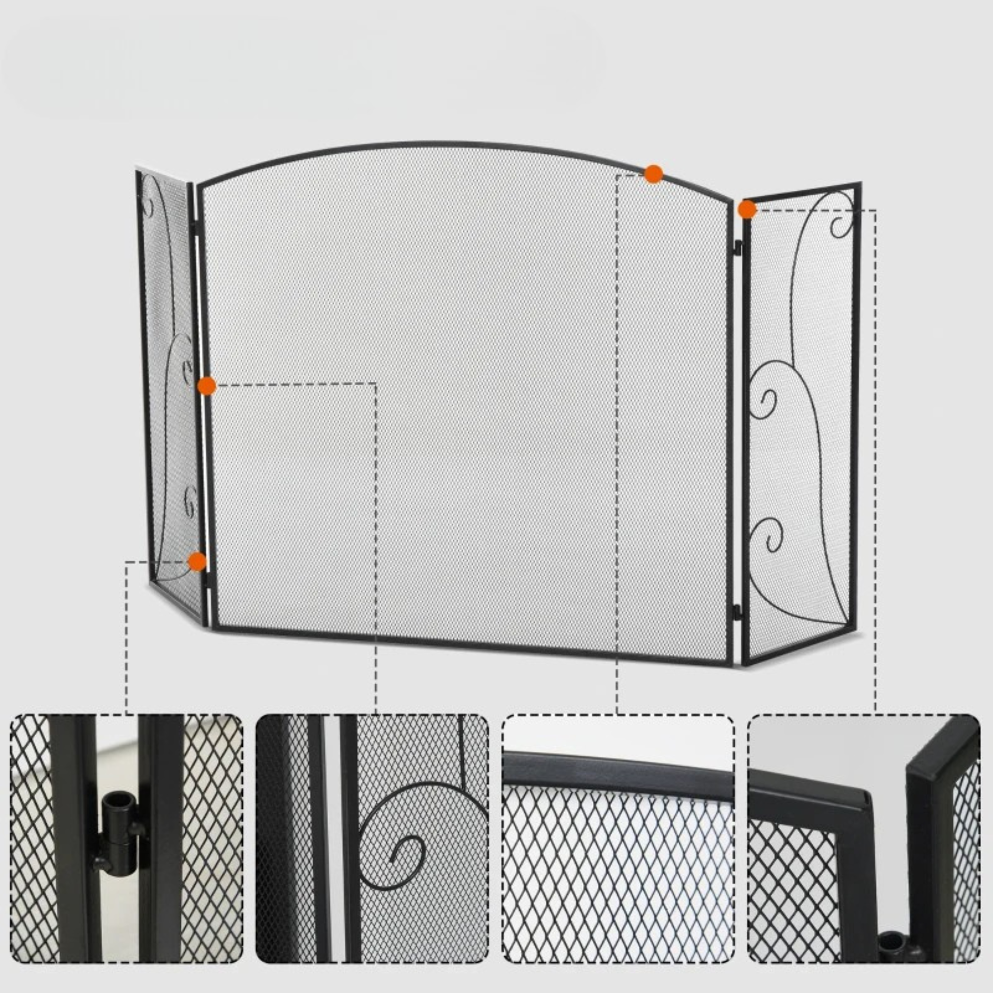 Haardscherm zwart 132,5 × 76,5 cm met vonkenscherm
